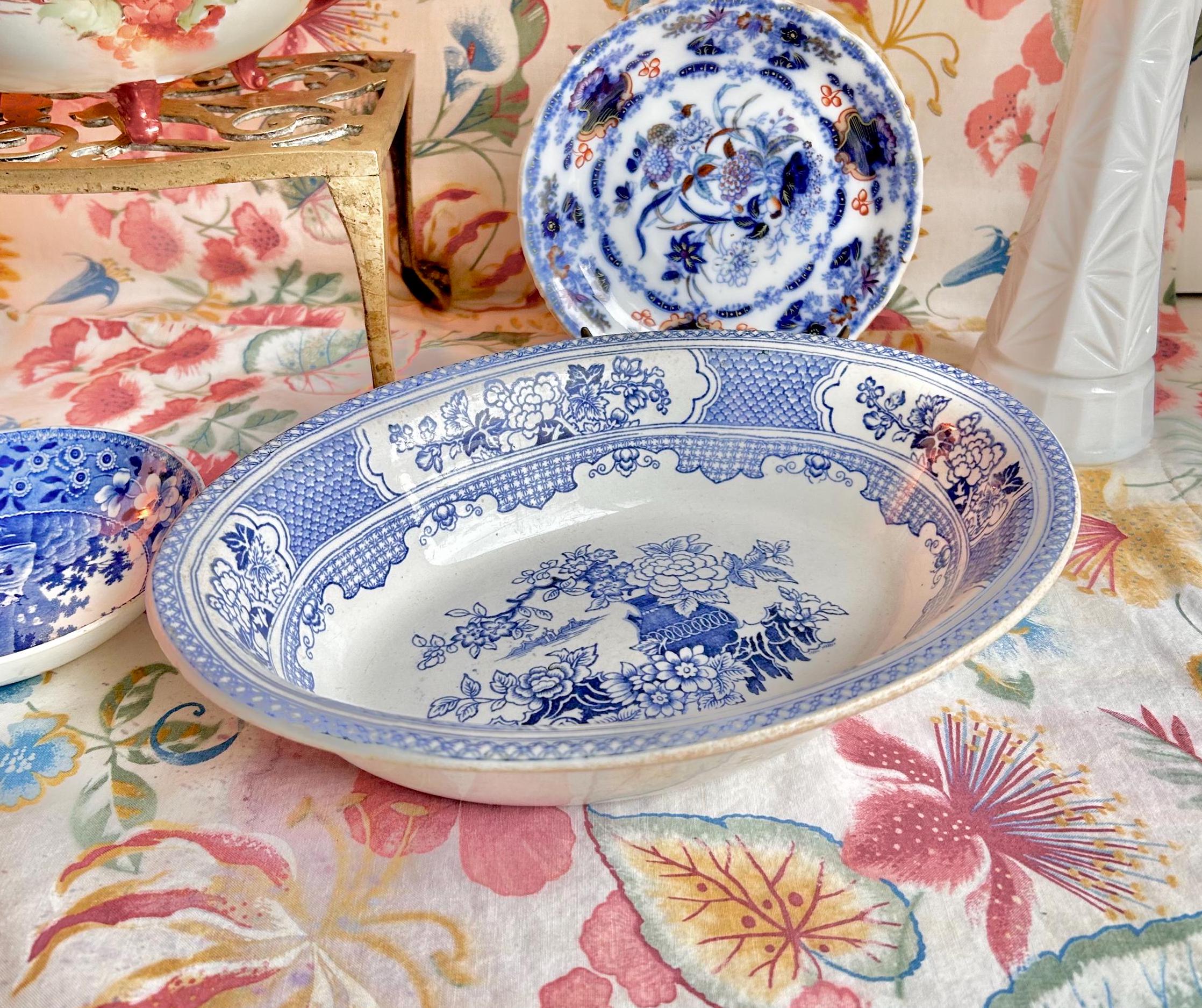 Antique Chinoiserie Serving Bowl: Blue and White Floral Transferware, Soho Pottery