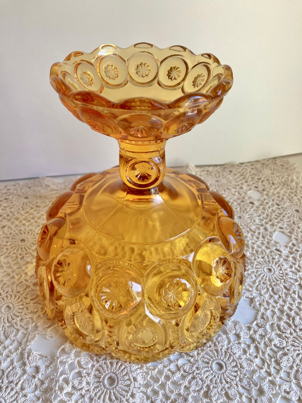 Vintage LE Smith Moon and Stars Amber Glass Pedestal Stem Compote