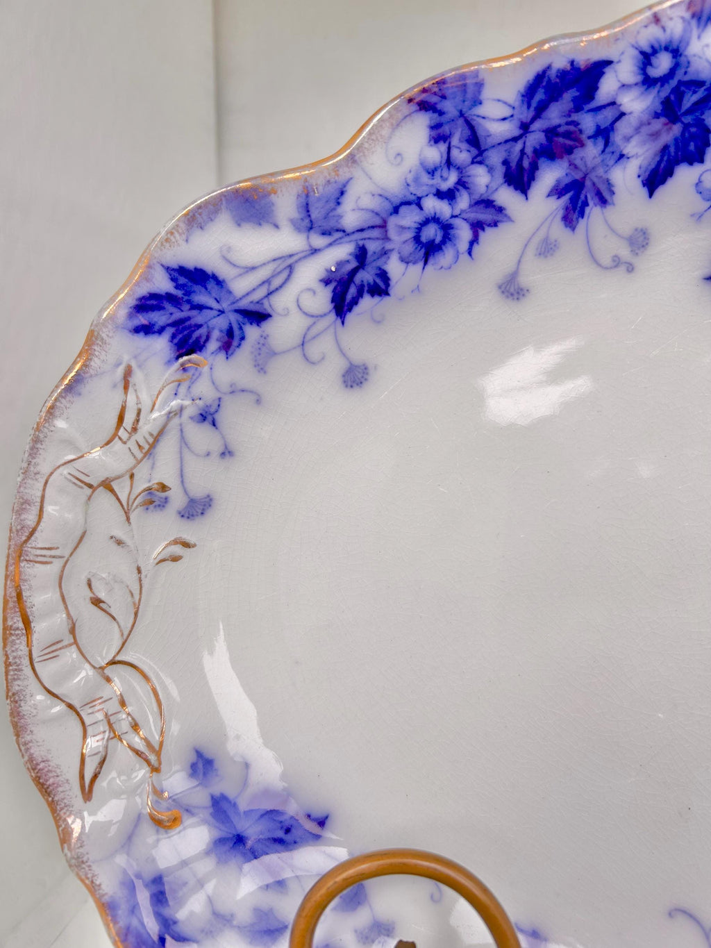 Antique Flow Blue Serving Platter: Royal Semi Porcelain Floral Plate, 14.5"