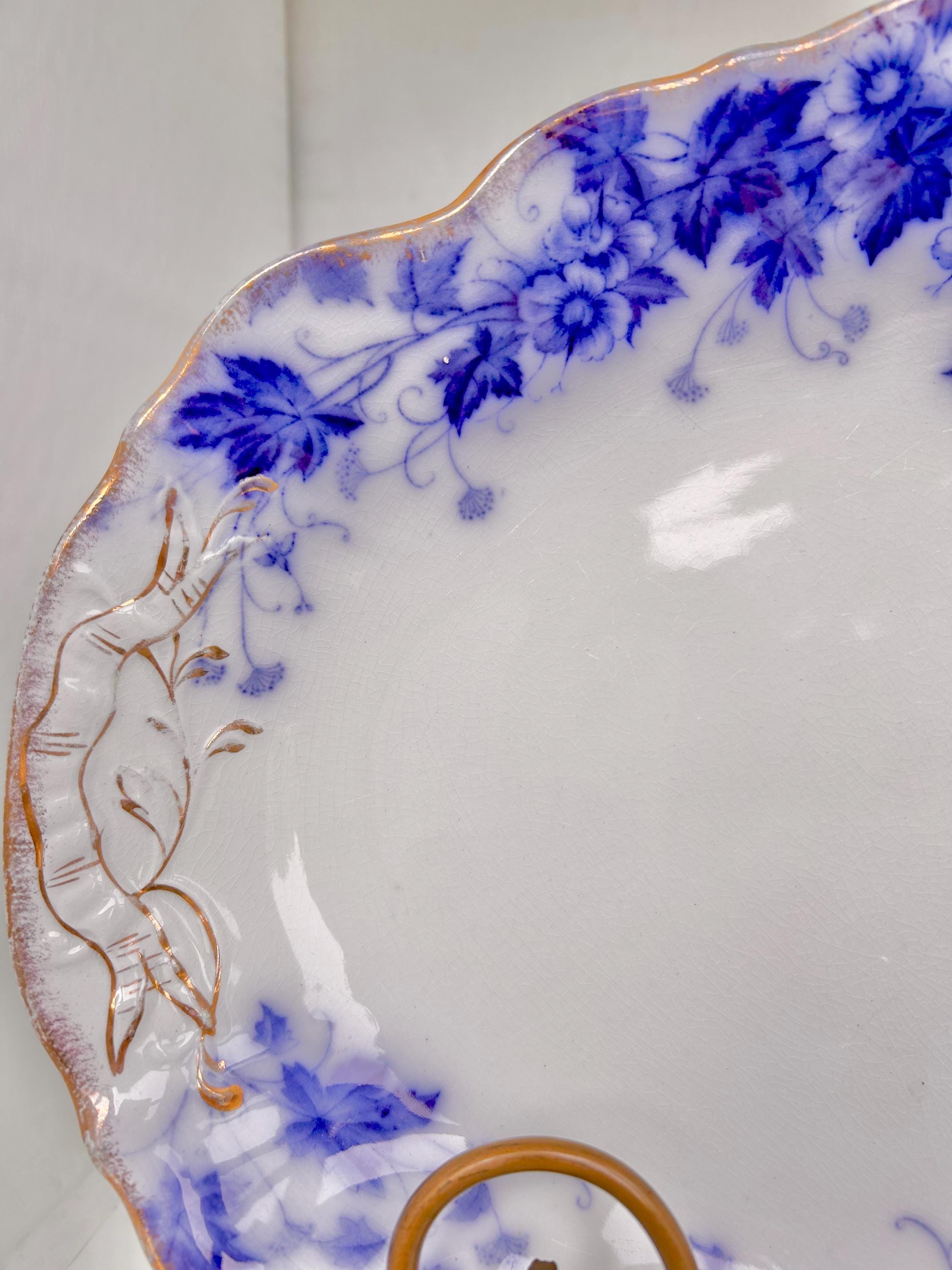 Antique Flow Blue Serving Platter: Royal Semi Porcelain Floral Plate, 14.5"