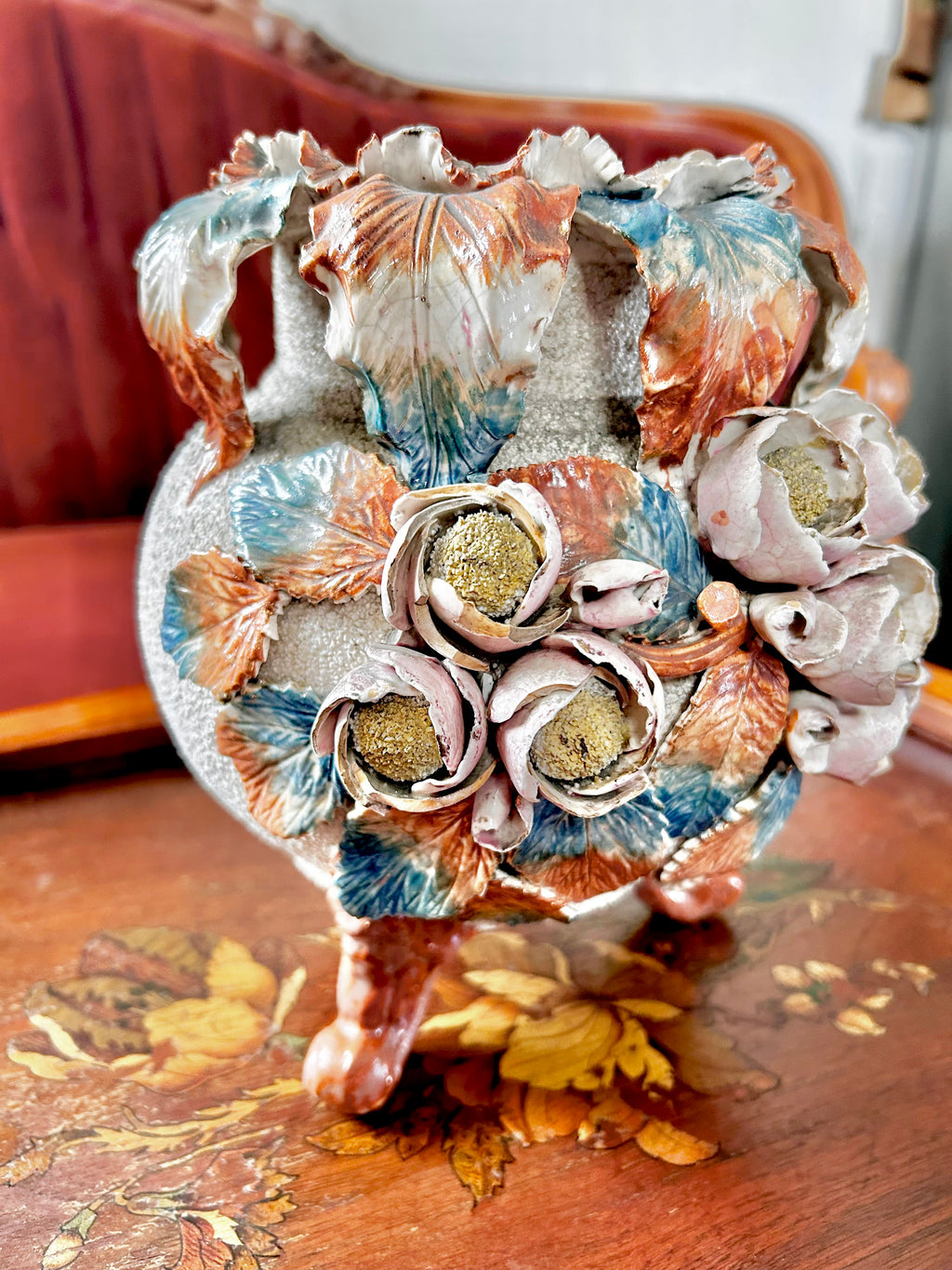 Antique English Barbotine Majolica Footed Vase