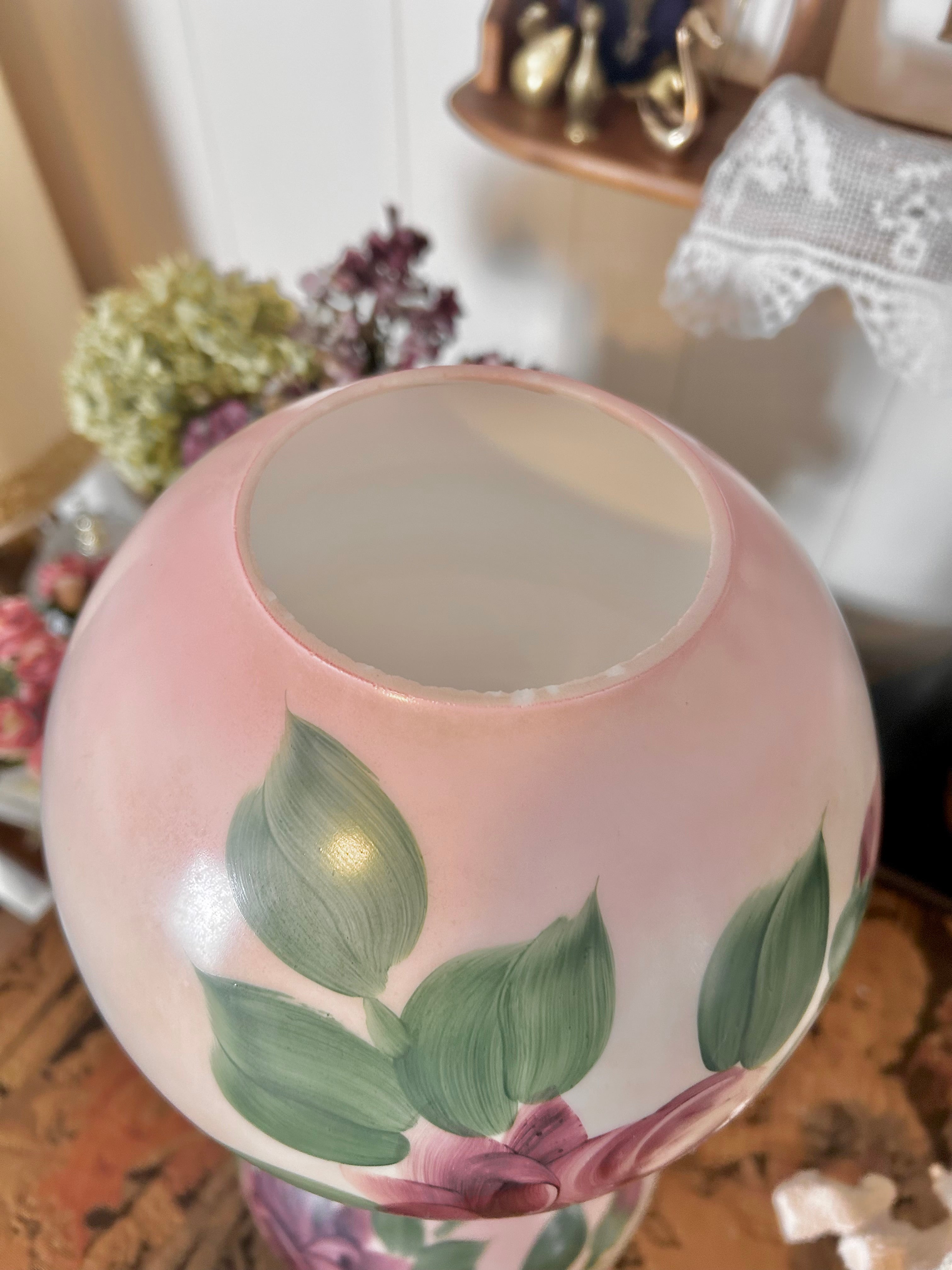 Vintage Three Way Glass Globe Lamp Hand-painted Roses