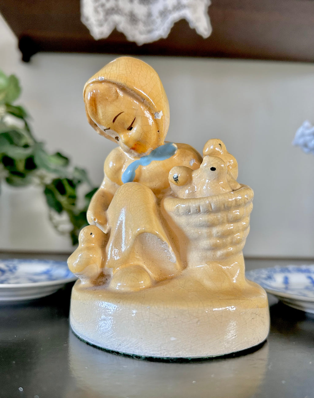 Vintage Chalkware Statuette Girl and Chicks