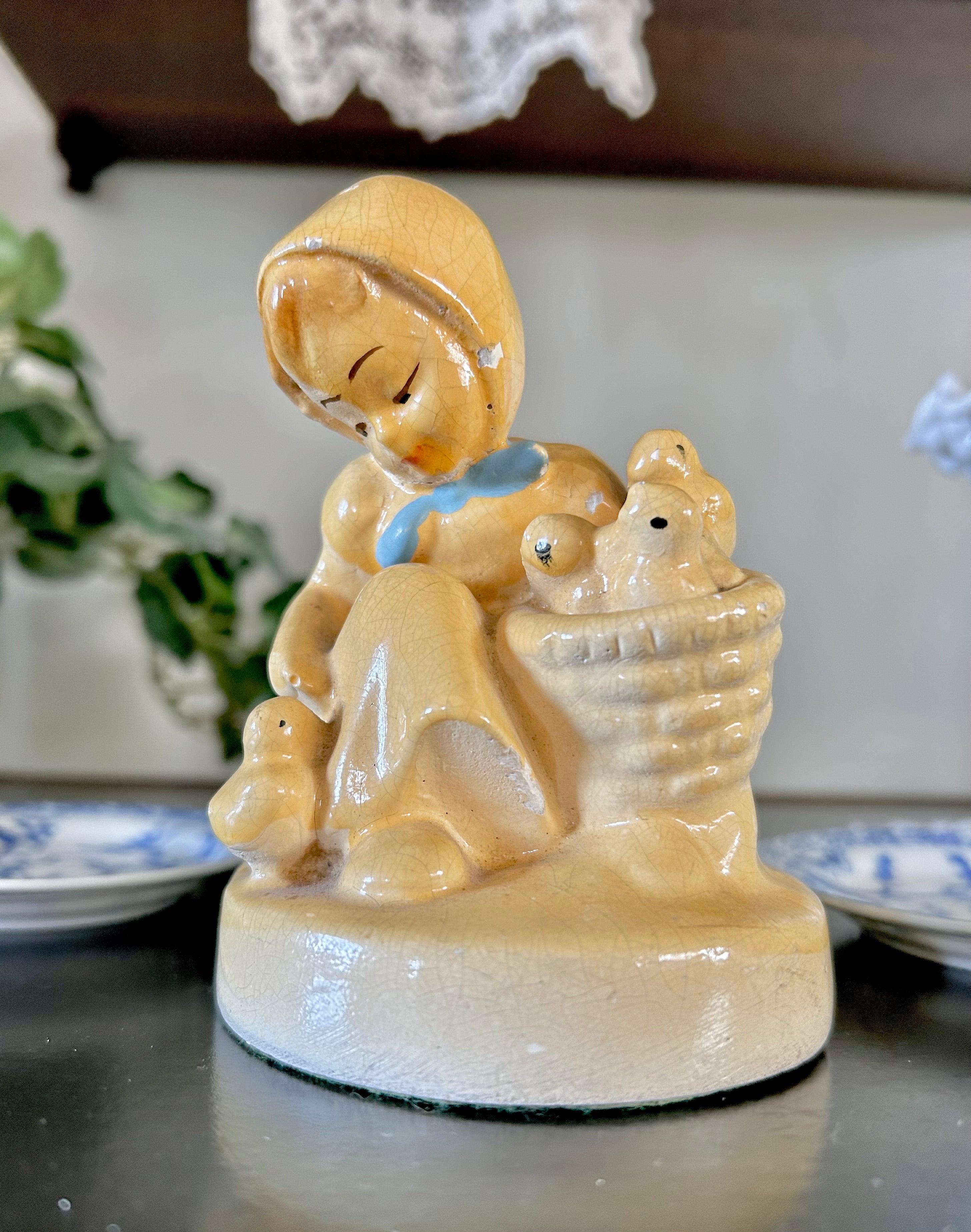 Vintage Chalkware Statuette Girl and Chicks