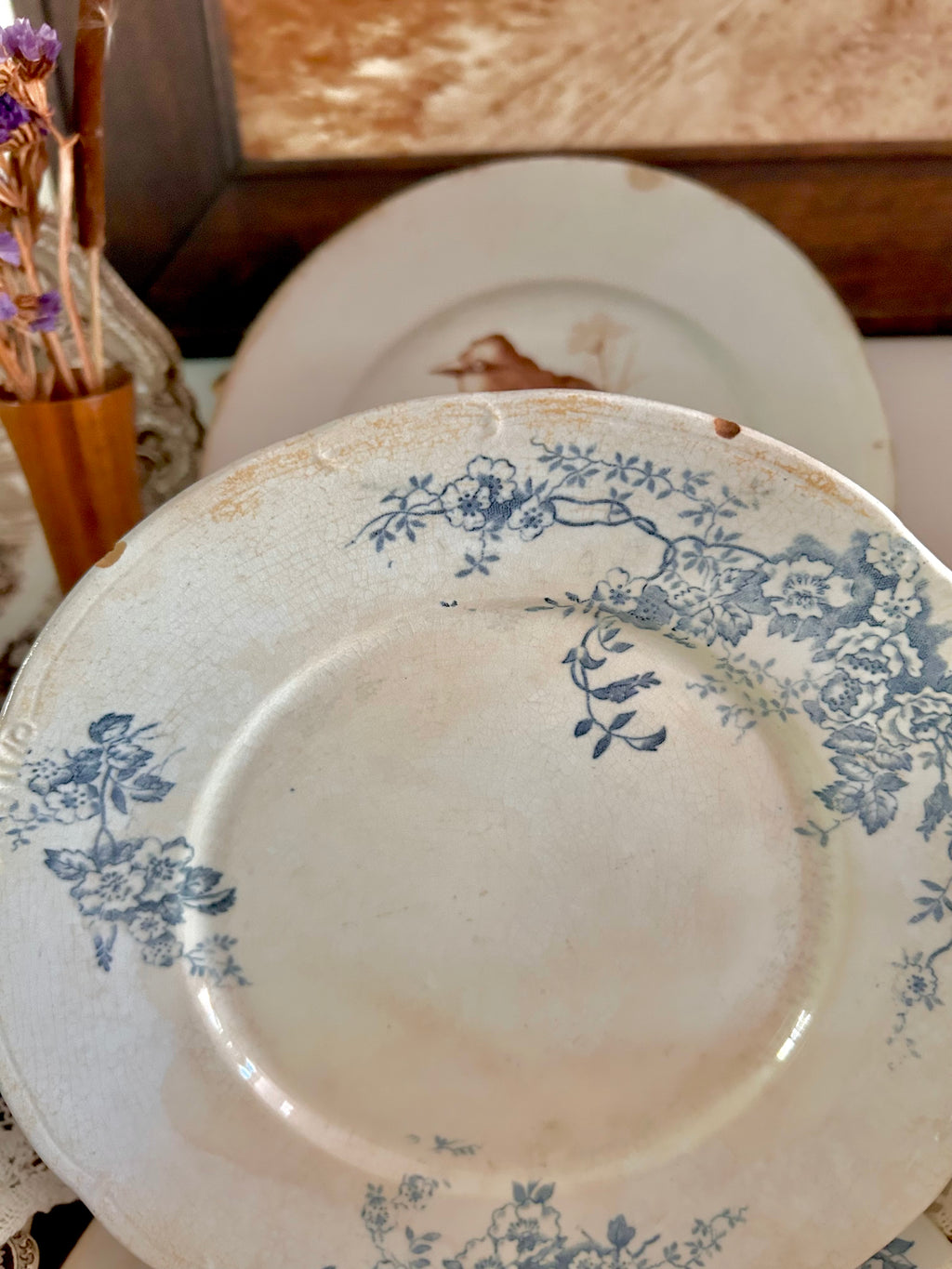 Antique Stained Worn Ironstone Transferware Dishes