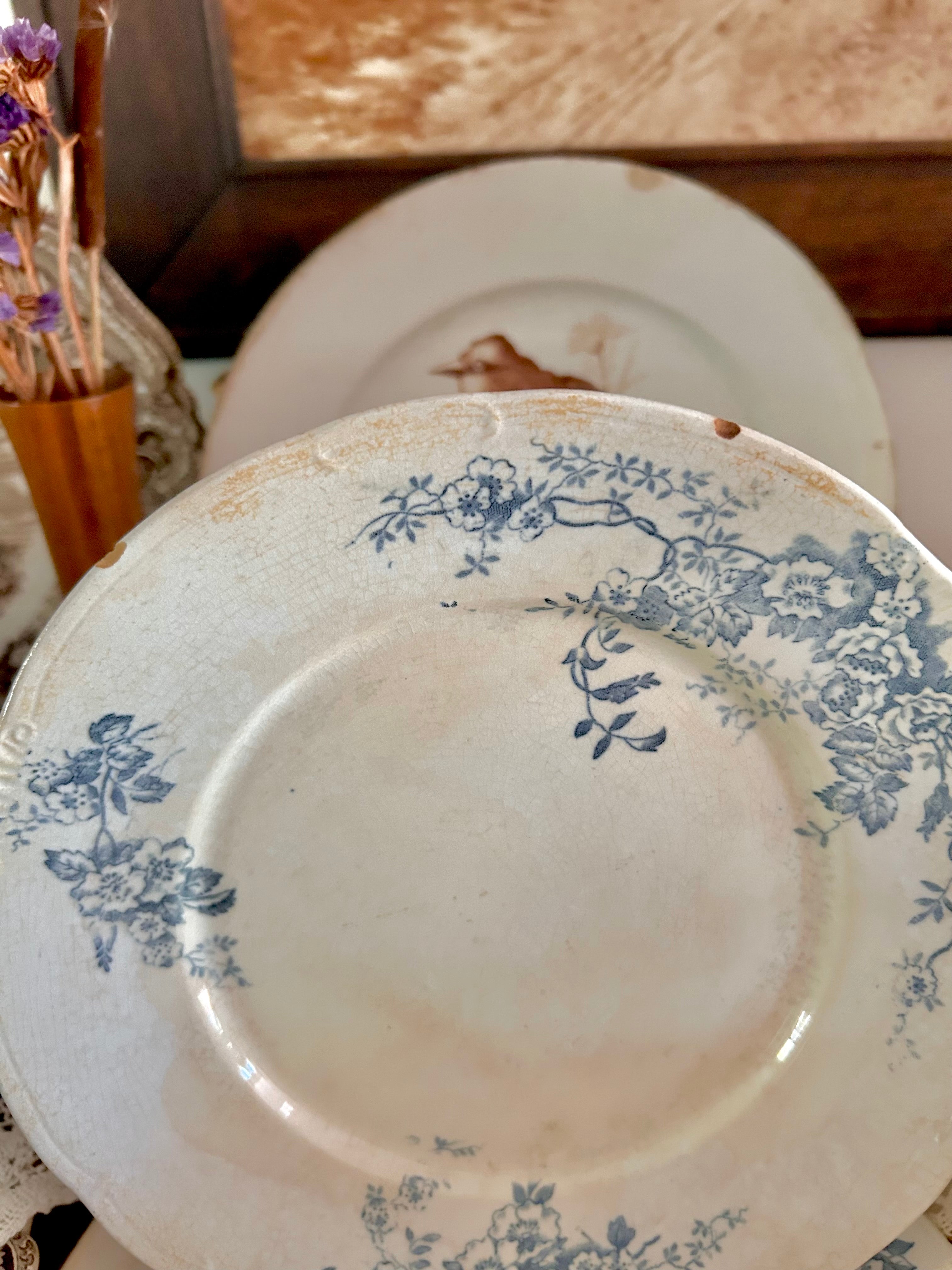 Antique Stained Worn Ironstone Transferware Dishes