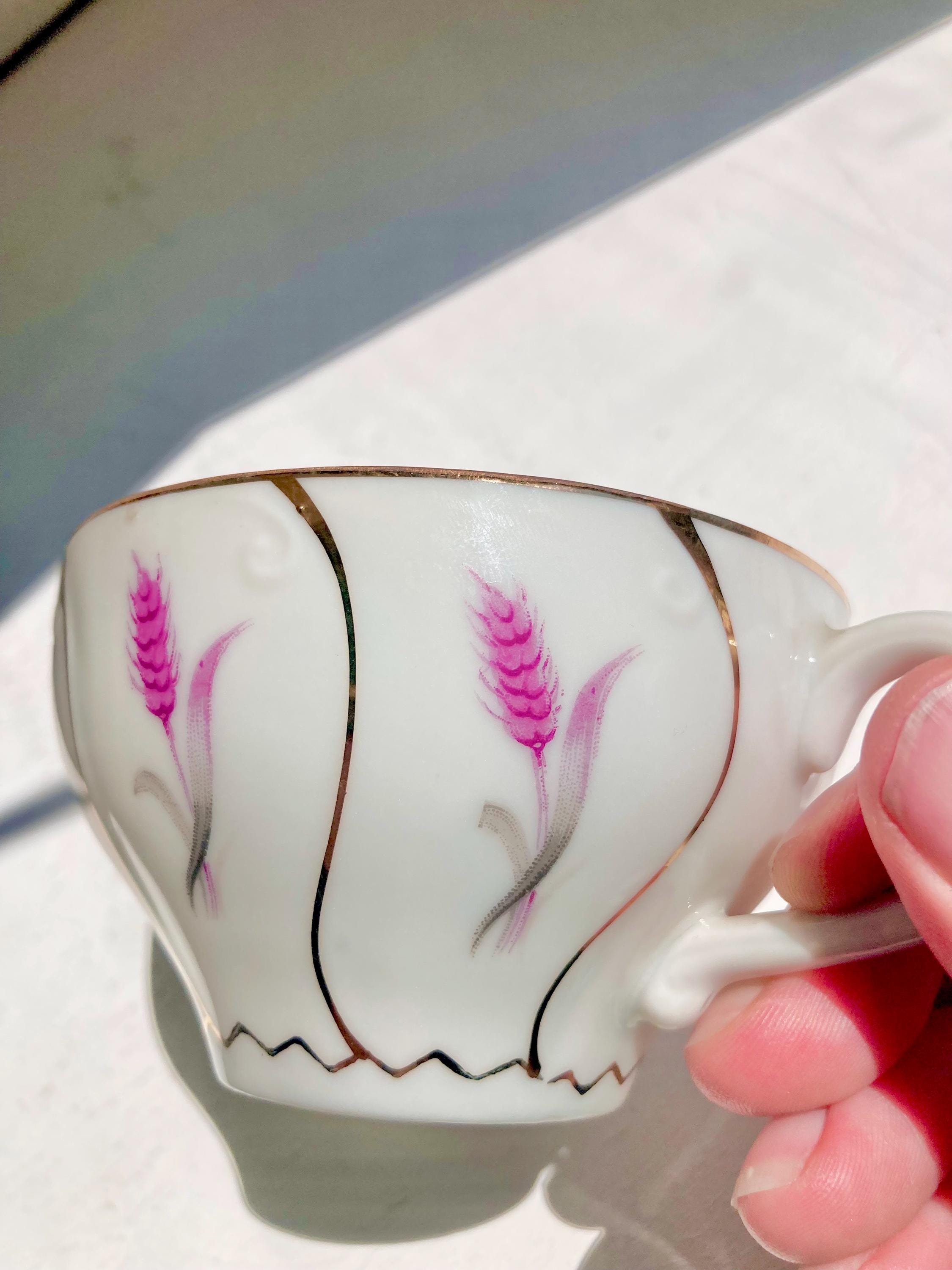 Vintage Yamaka Japan Porcelain Snack Set: Pink Wheat & Gold