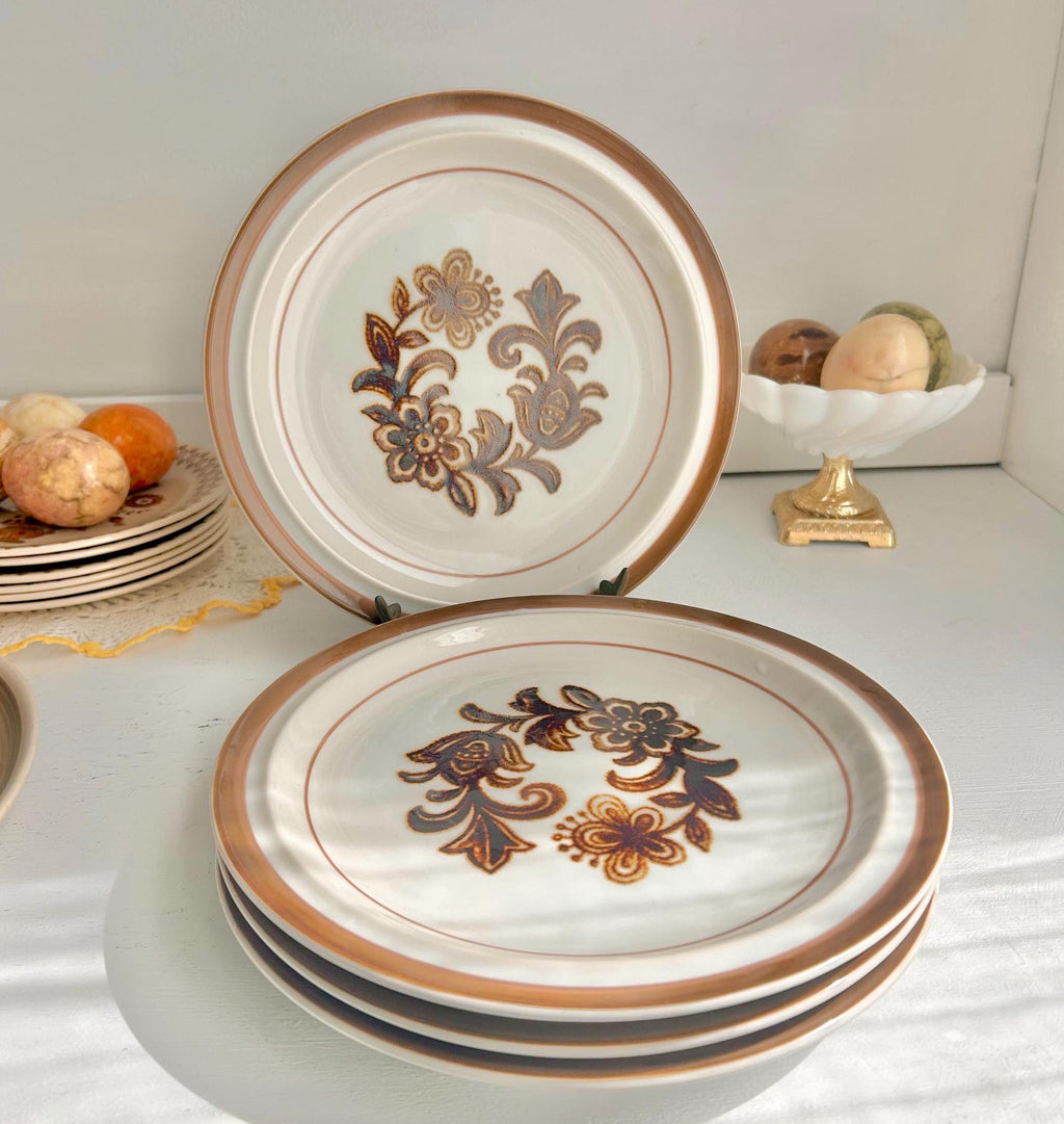 Vintage Stoneware Side Plates Set: Brown Floral Monterrey, Japan