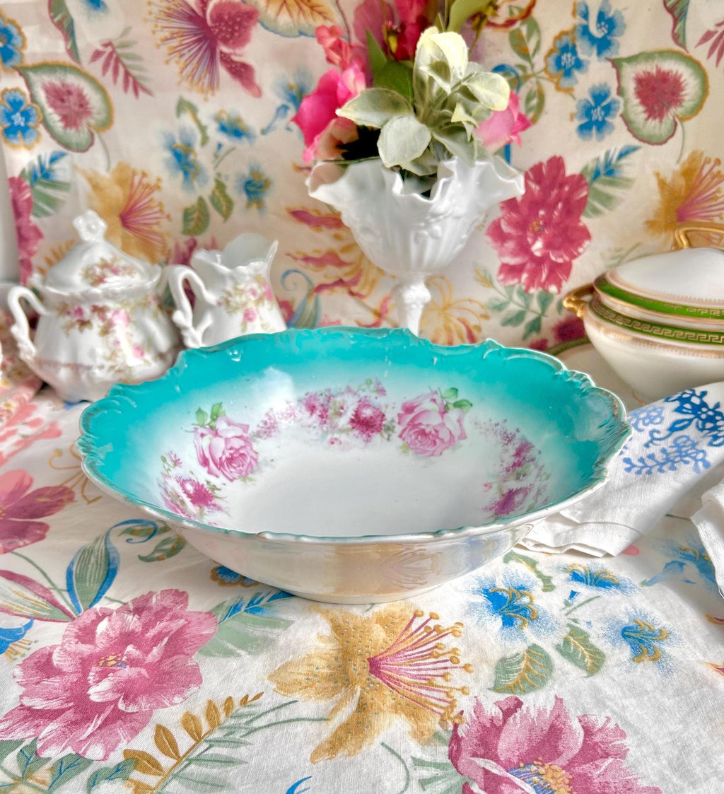 Vintage Porcelain Serving Bowl: Teal Rim, Rose Garland, Scalloped Edge (10-inch)