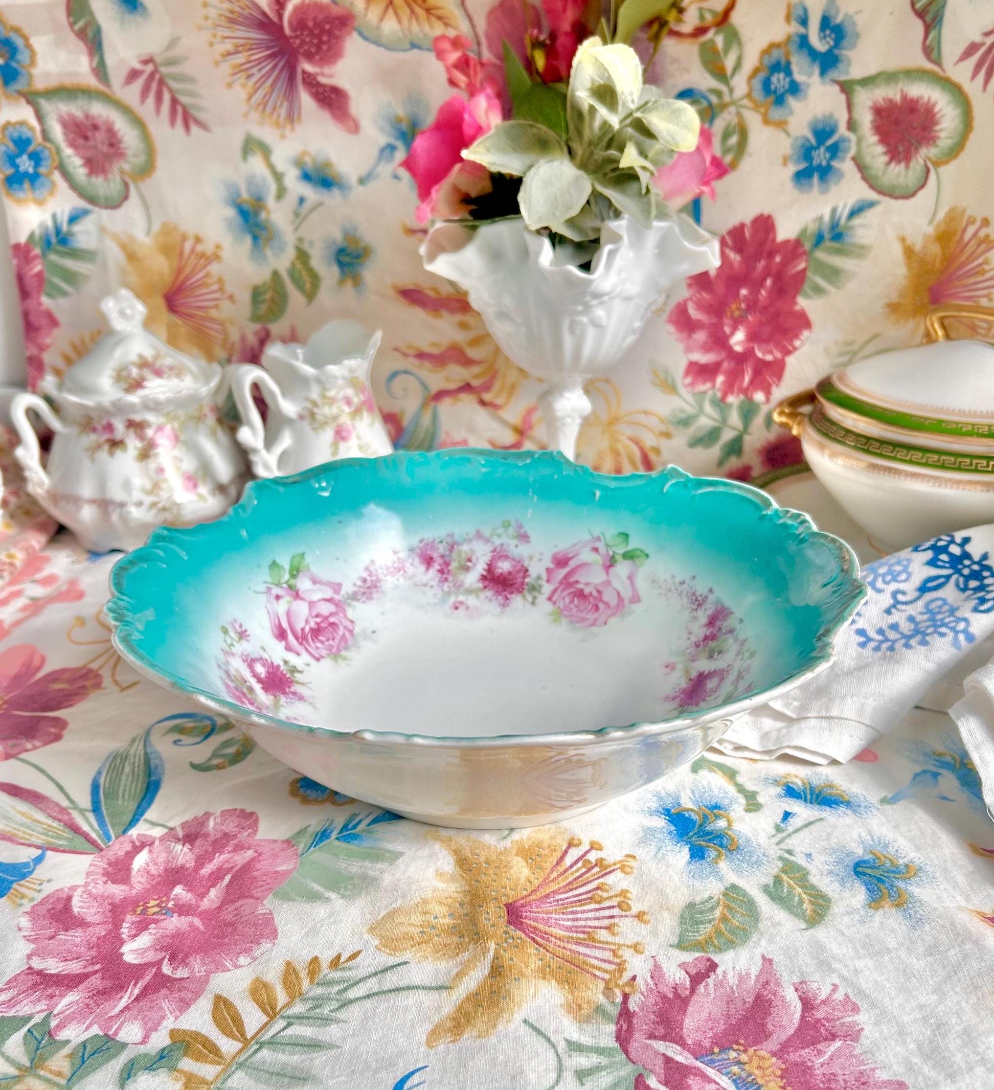 Vintage Porcelain Serving Bowl: Teal Rim, Rose Garland, Scalloped Edge (10-inch)