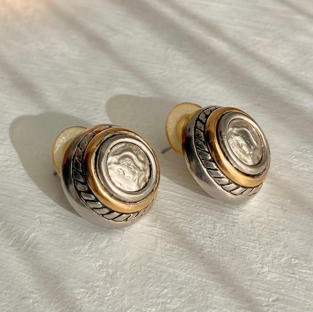 Vintage Roman-Coin-Button Gold and Silver Tone Blend Earrings for Pierced Ears