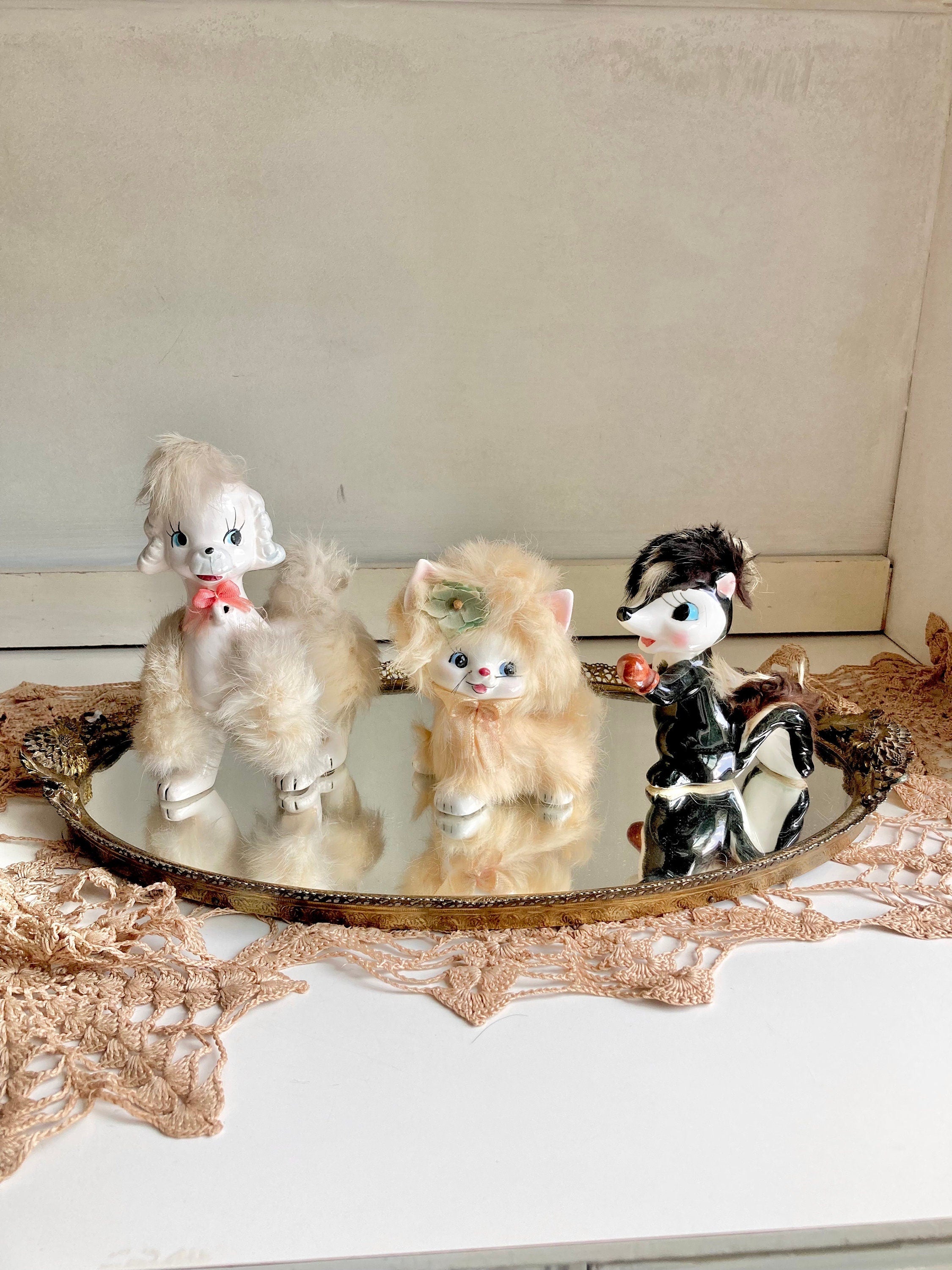 Midcentury Anthropomorphic Ceramic Dog, Cat, Skunk - Hand painted, applied Fur - Japan - Choose from 3