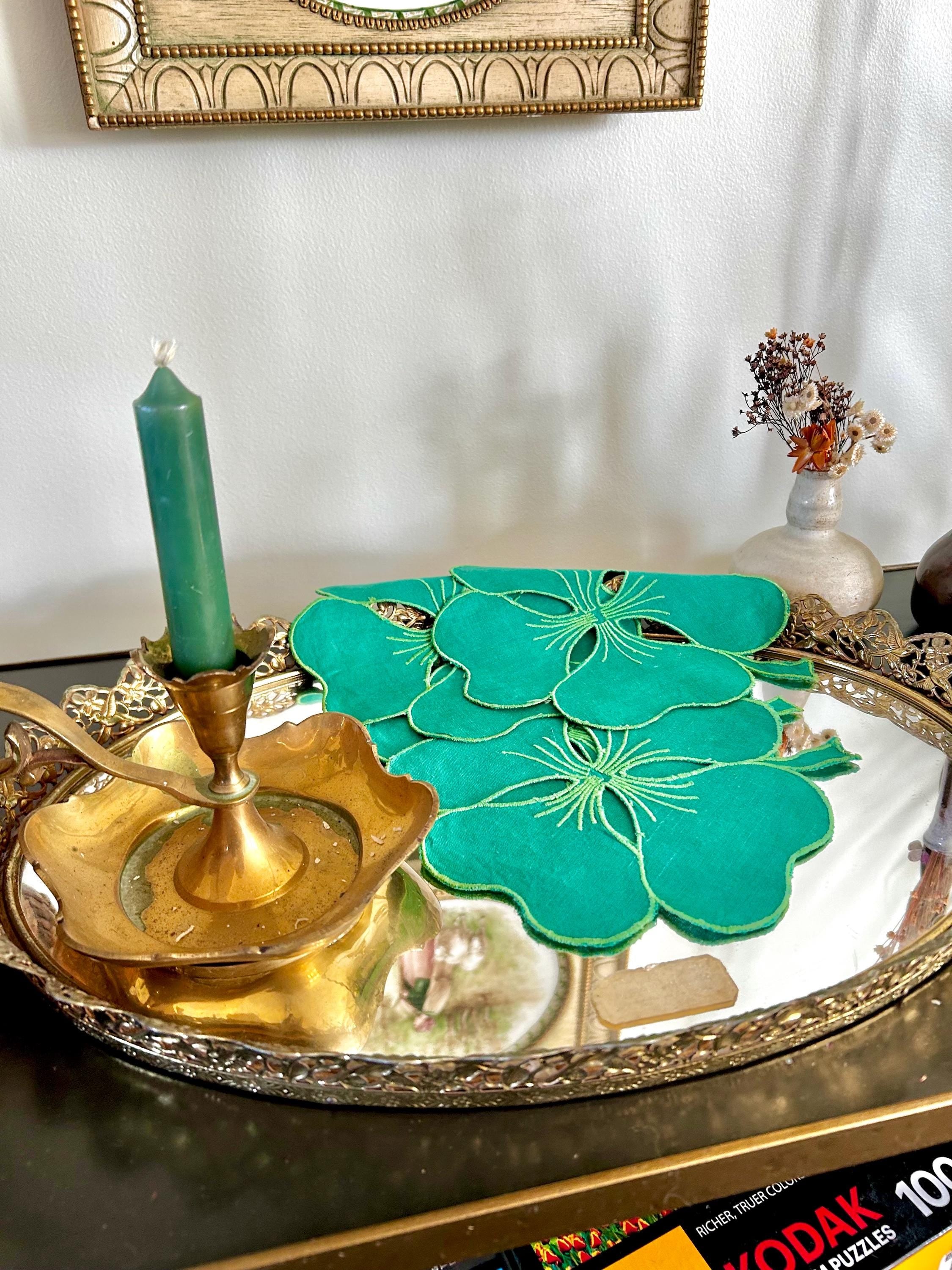 Vintage Hand Stitched Linen Shamrock Coasters in Emerald Green Set of 4
