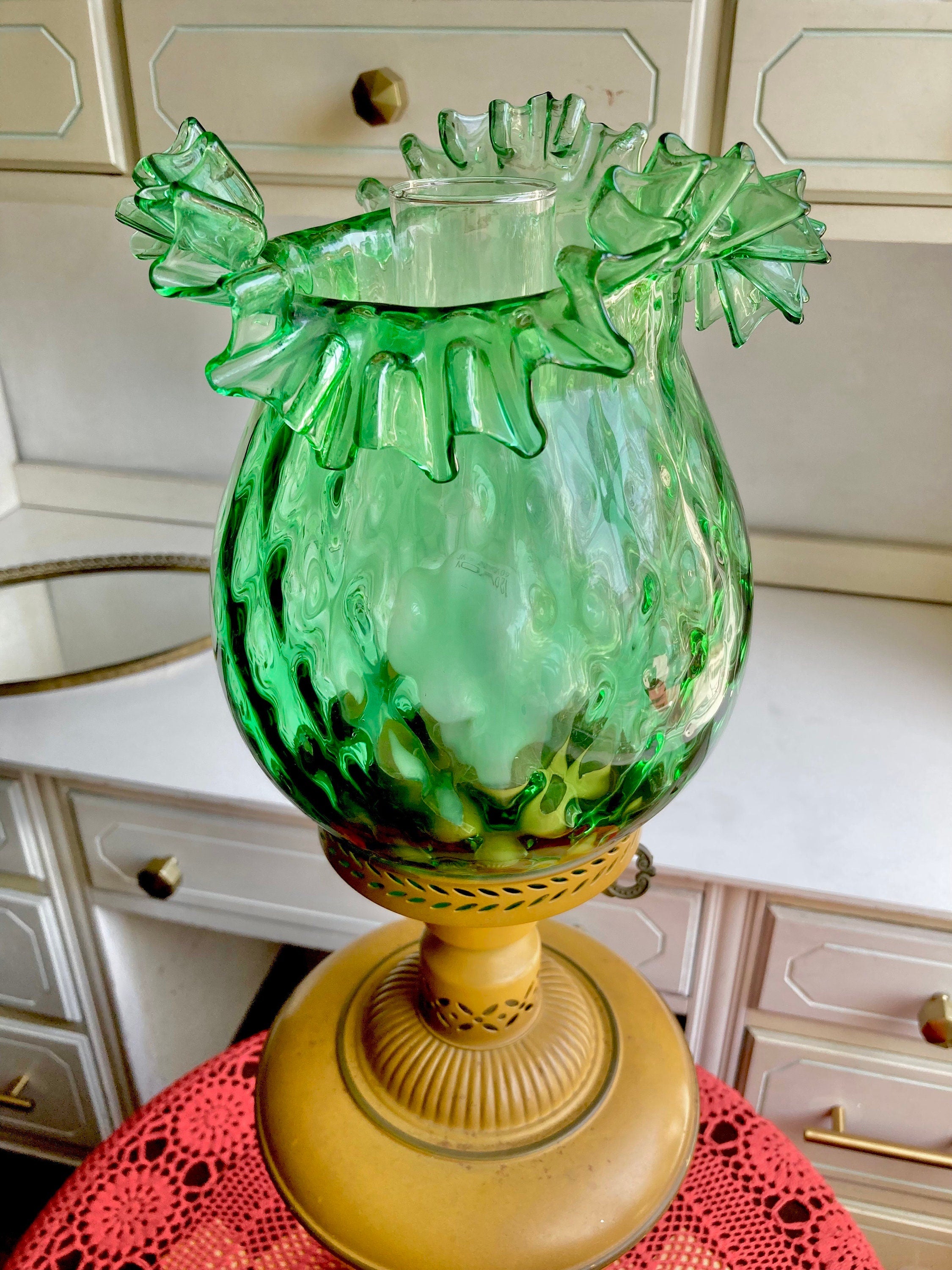 Vintage Hurricane Lamp - Dark yellow metal base, Optic Green Blown Glass Crimped Shade