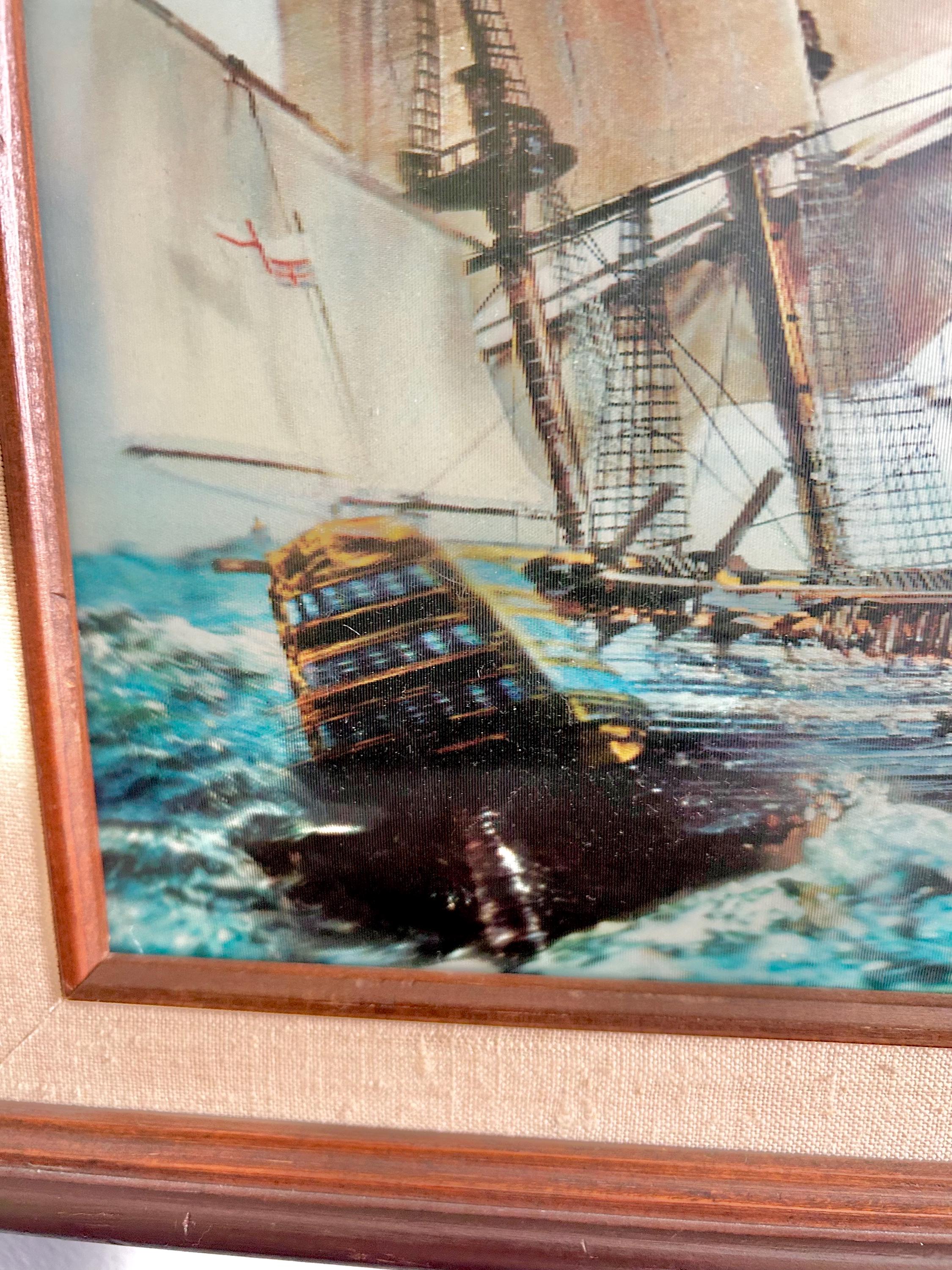 Vintage Lenticular Sailboat Art: 3D Hologram, Wood & Linen Frame