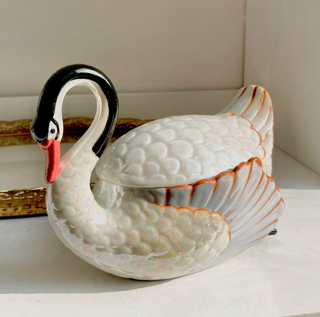 Vintage Lusterware Swan Dish: Gold Castle Ceramic Container, Japan