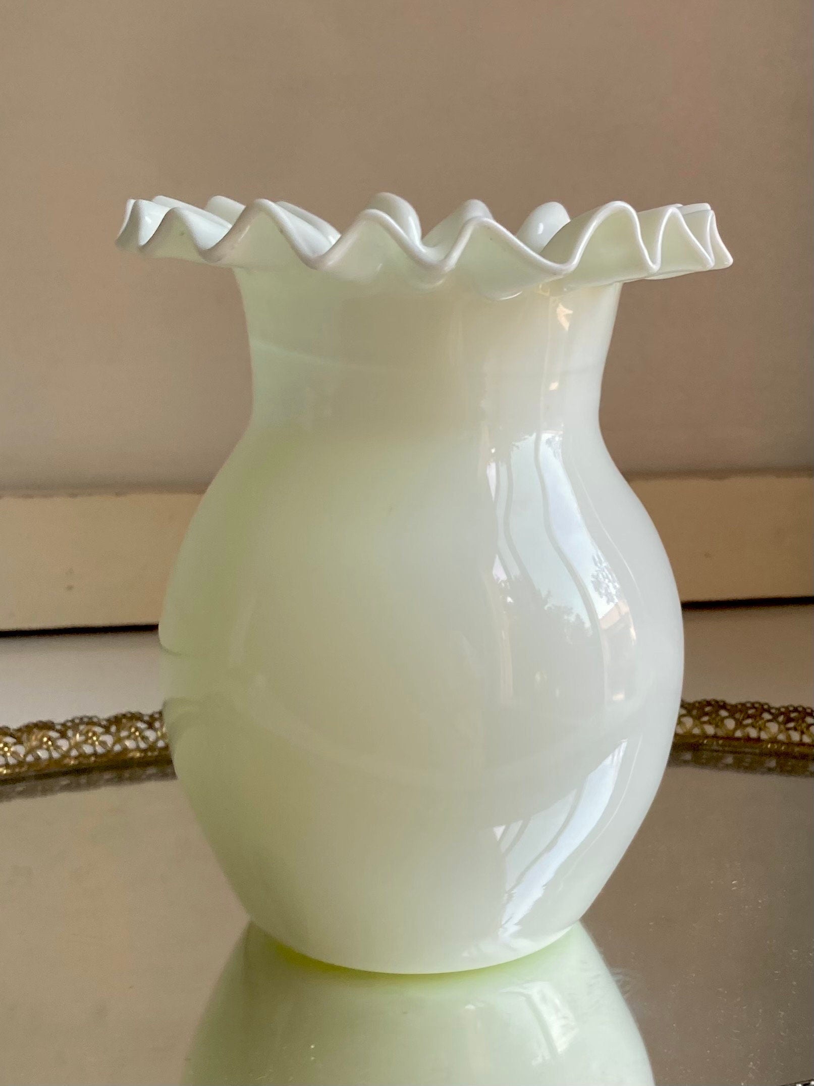 Vintage Blown Milk Glass, Crimped Rim Vase - Portugal