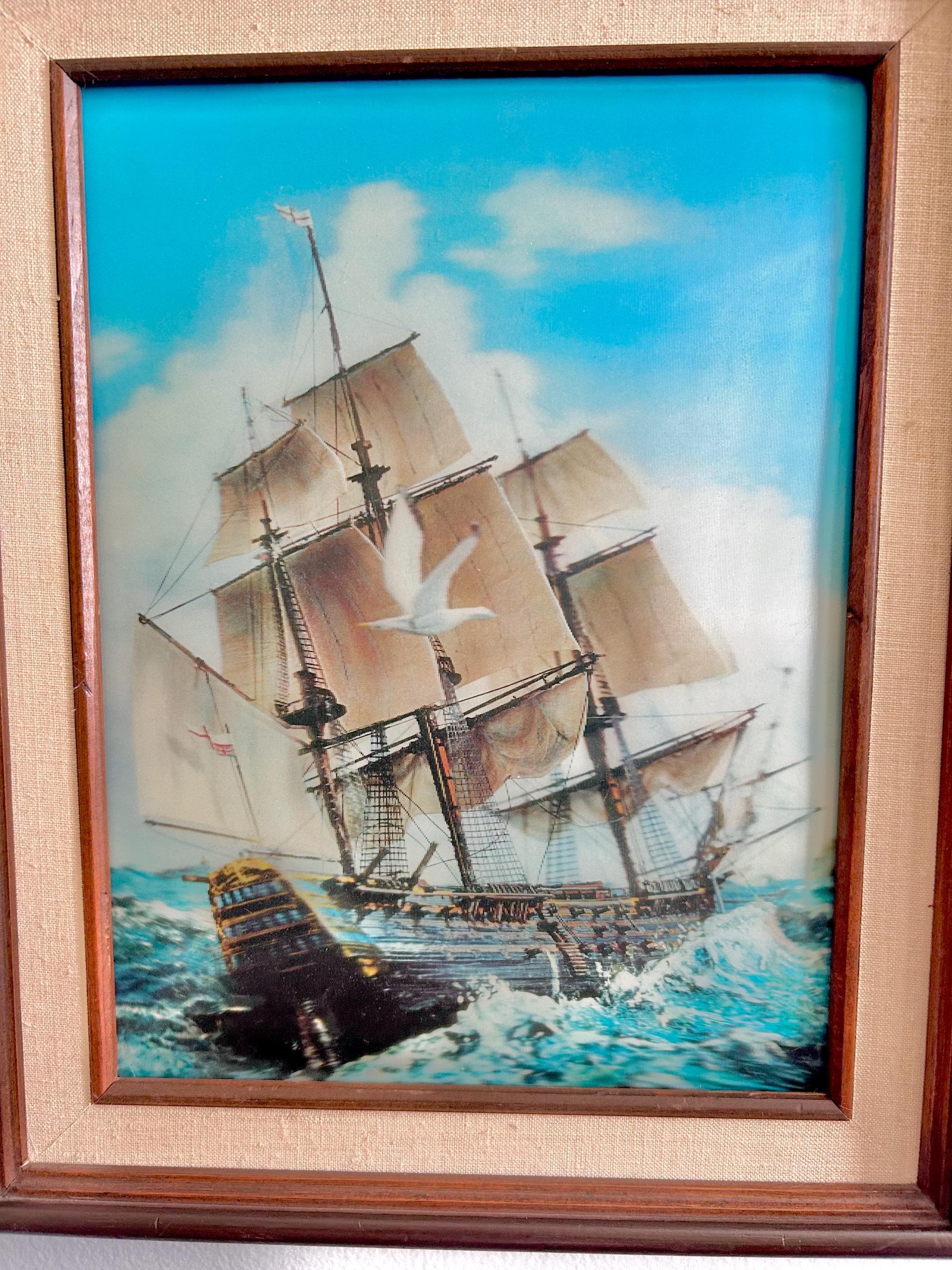 Vintage Lenticular Sailboat Art: 3D Hologram, Wood & Linen Frame