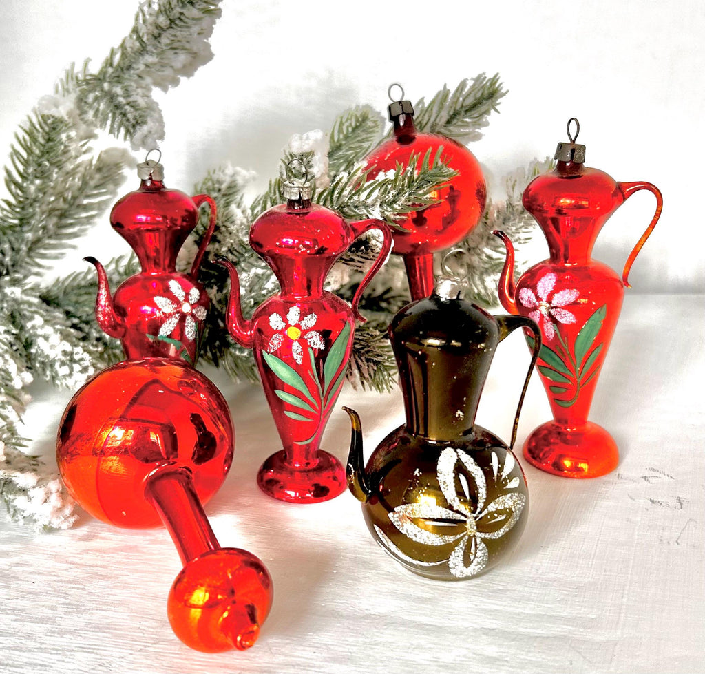 Vintage Handmade Glass Christmas Ornaments Hand Painted Teapots & Drop Bulbs