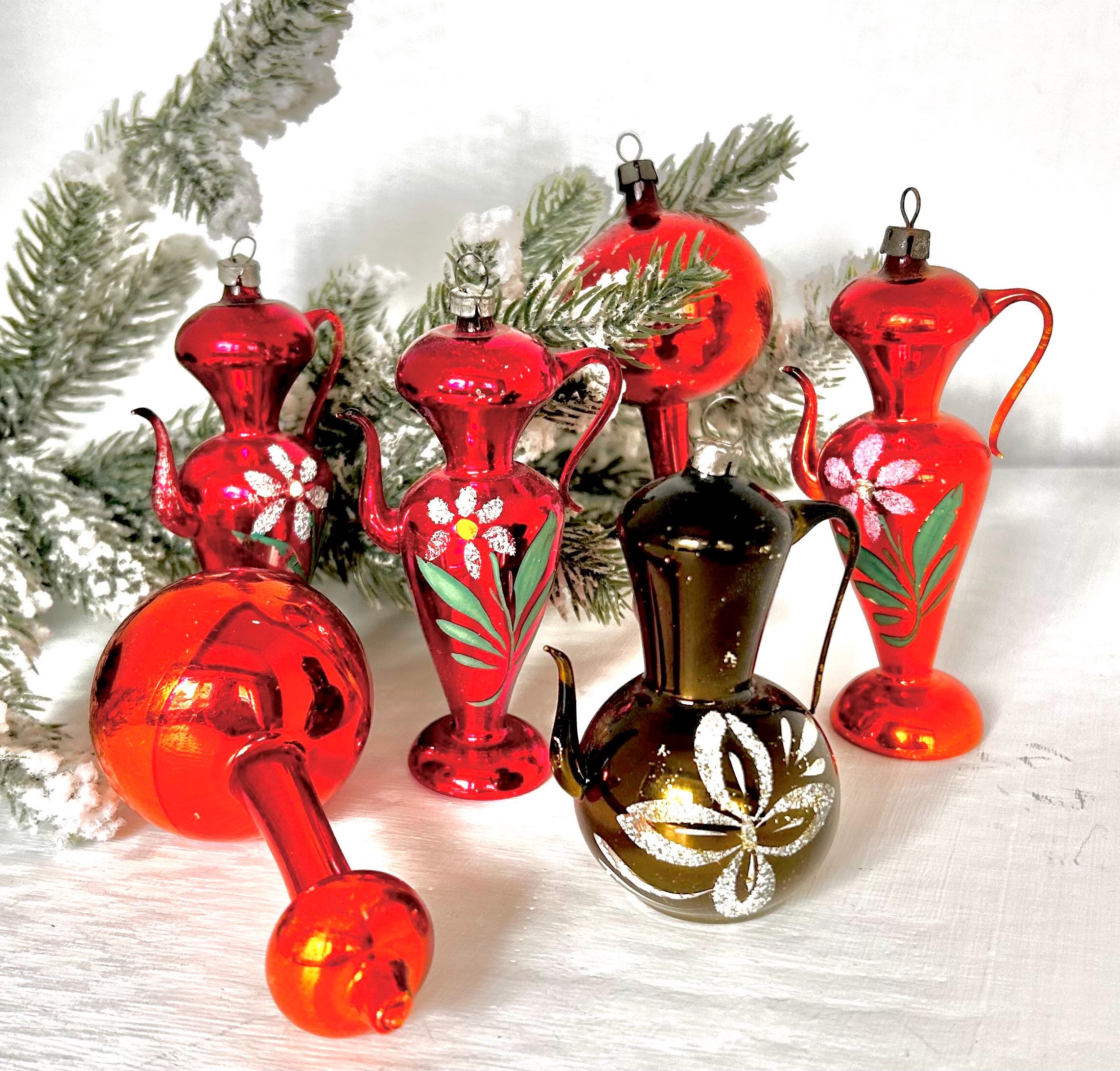 Vintage Handmade Glass Christmas Ornaments Hand Painted Teapots & Drop Bulbs