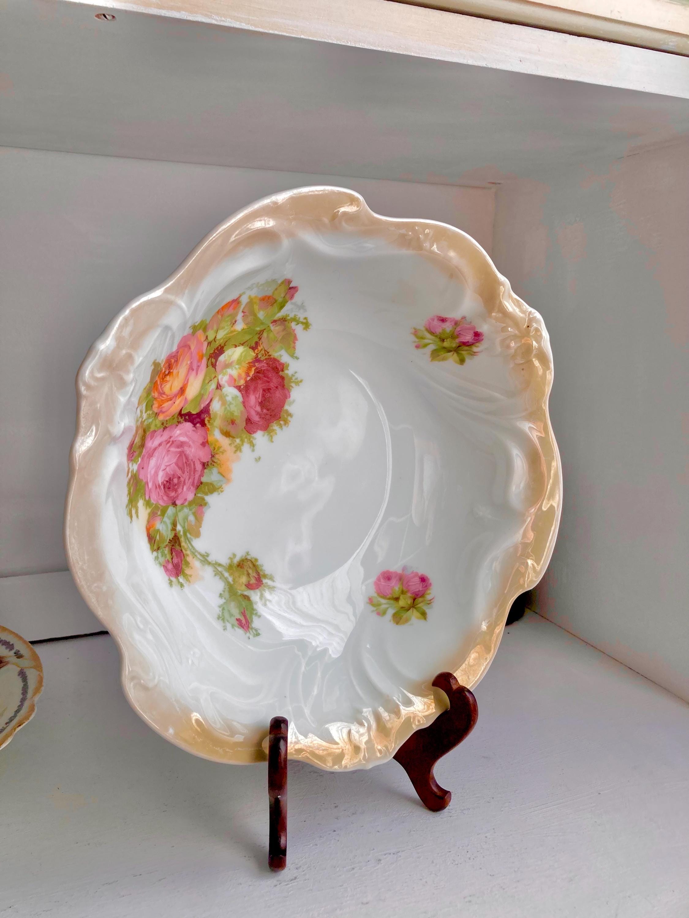 Vintage Bavarian Porcelain Bowl: Floral Appliqué, Luster Ruffled Rim