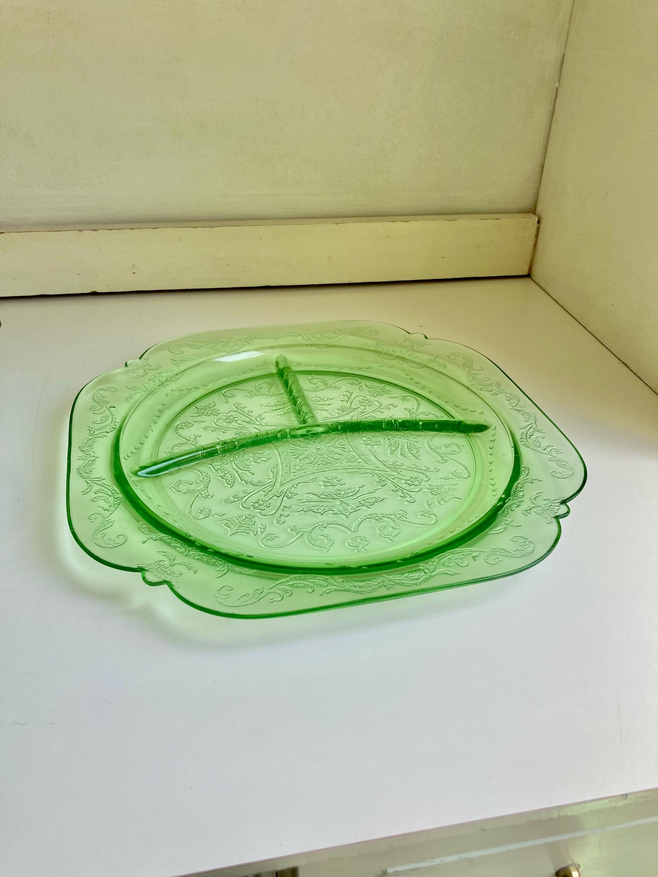 Vintage Uranium Green Glass Divided Plate: Federal Madrid Pattern