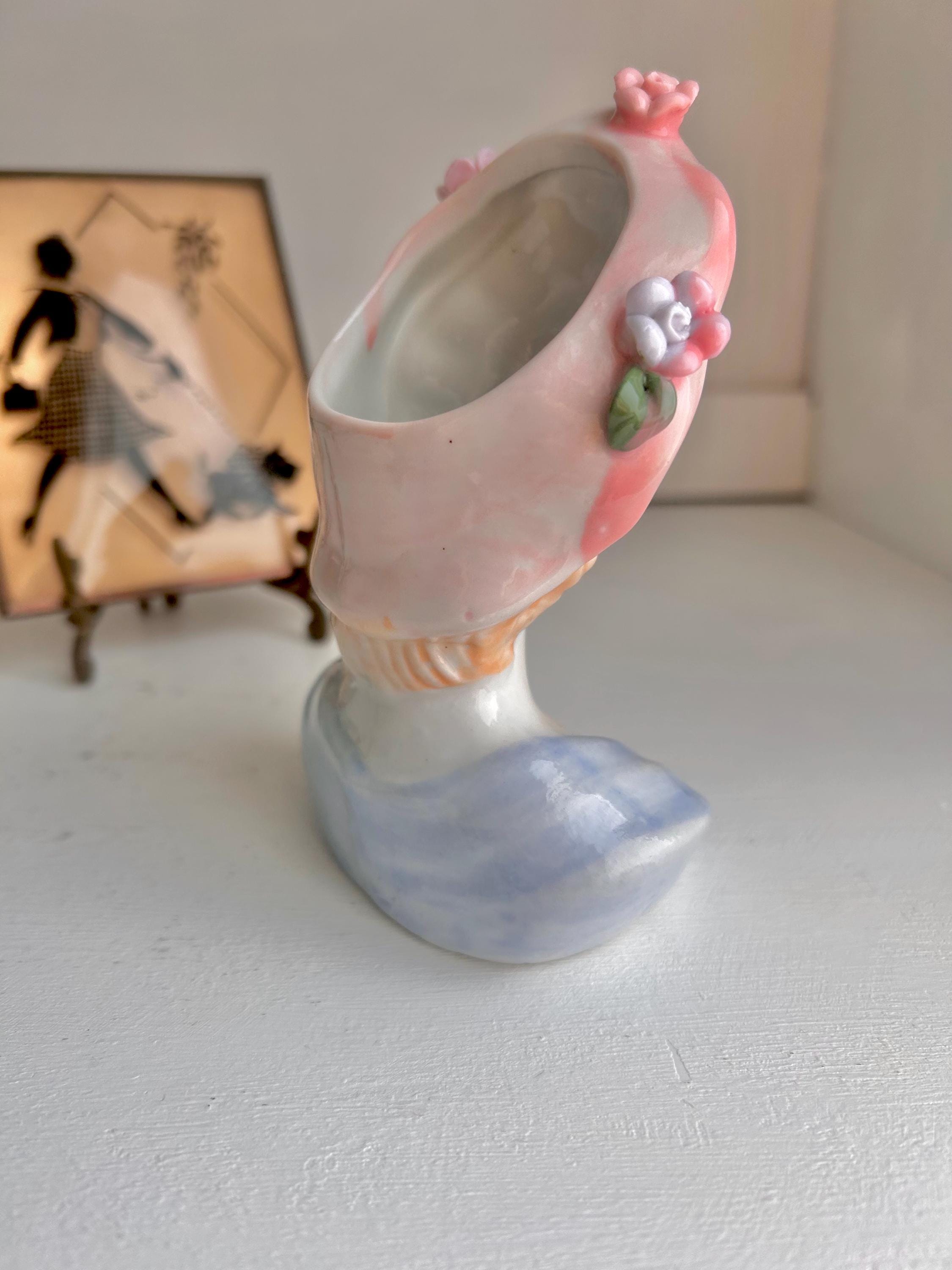Vintage Lady Head Vase: Floral Pink Hat, Blonde Hair Ceramic Planter