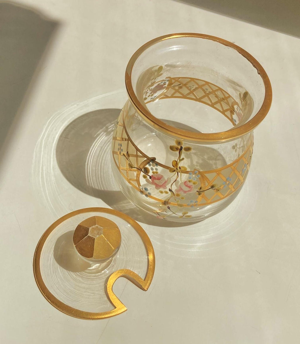 Vintage Hand-Painted Floral Glass Dessert Set: Gilt Sunburst Bowls & Jar