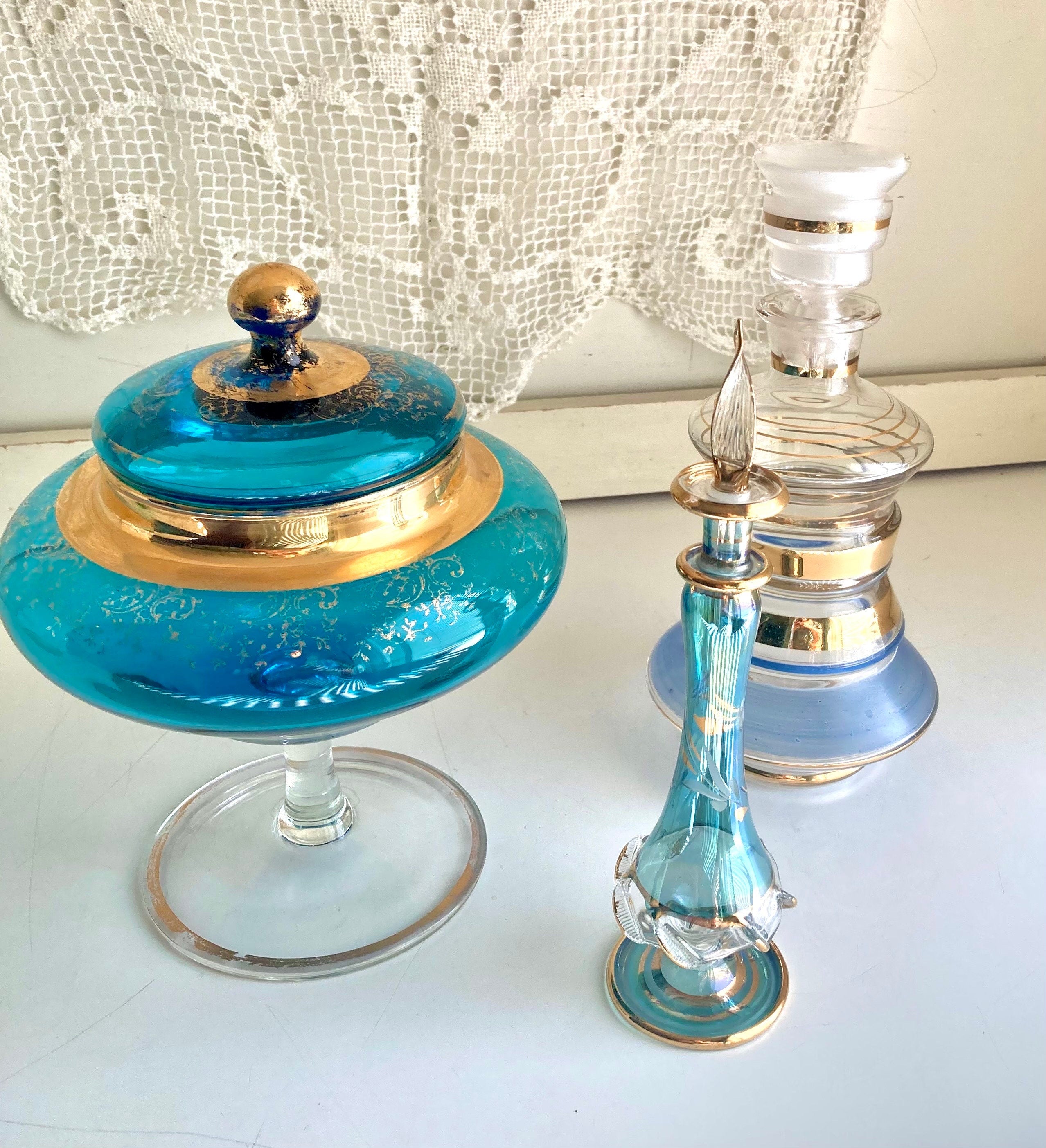 Vintage Blown Glass Vessels – Blue Hues, Gold Trim Decor