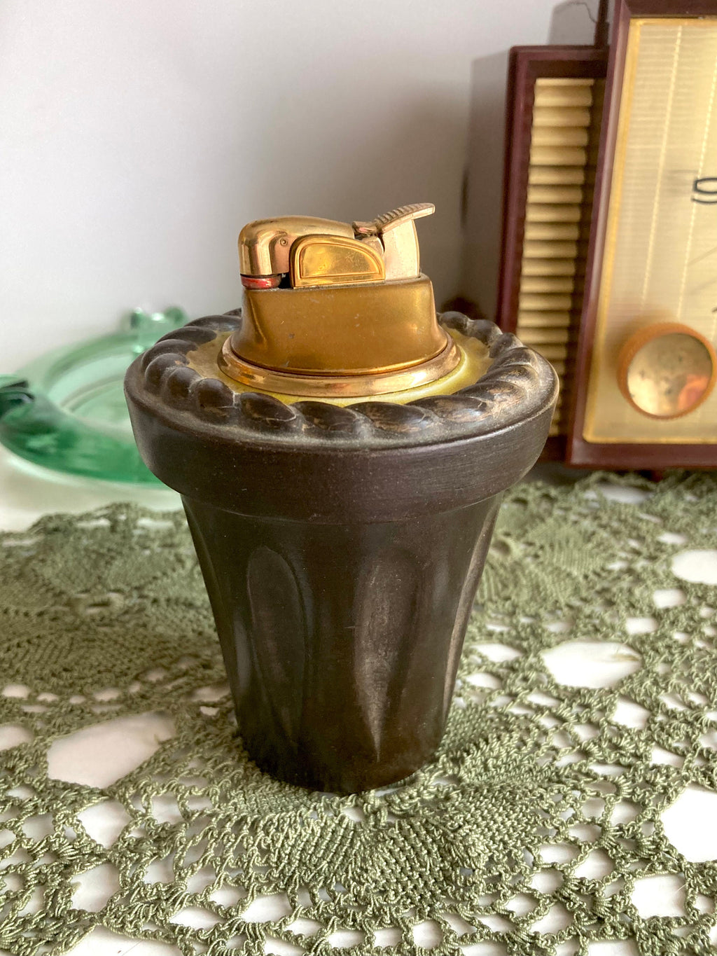 Vintage MCM Evans Table Lighter: Brown Ceramic & Brass Rope Pattern
