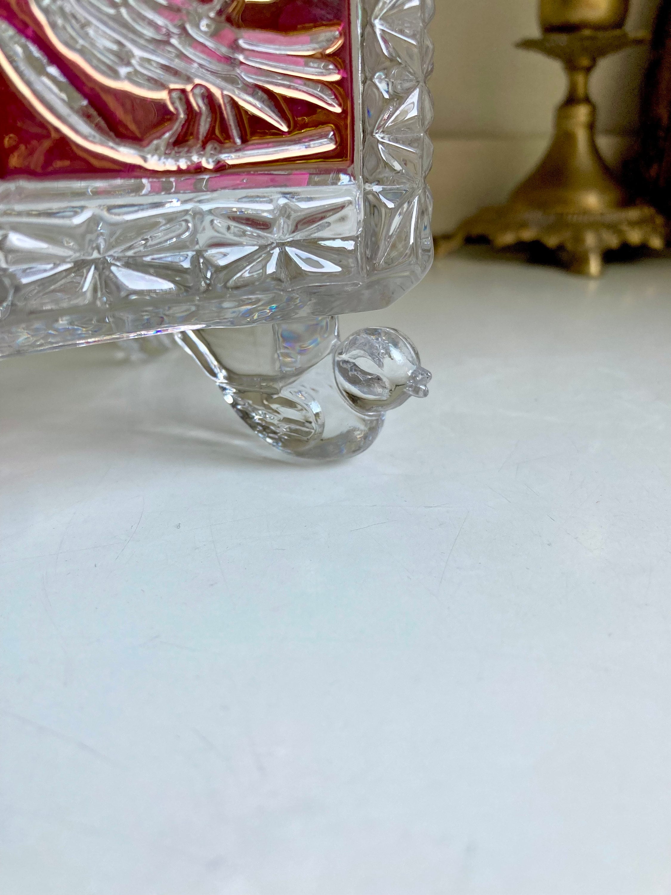 Hofbauer Red Flashed Byrde Crystal Collection Lidded Candy Dish with Bird Feet and Handle