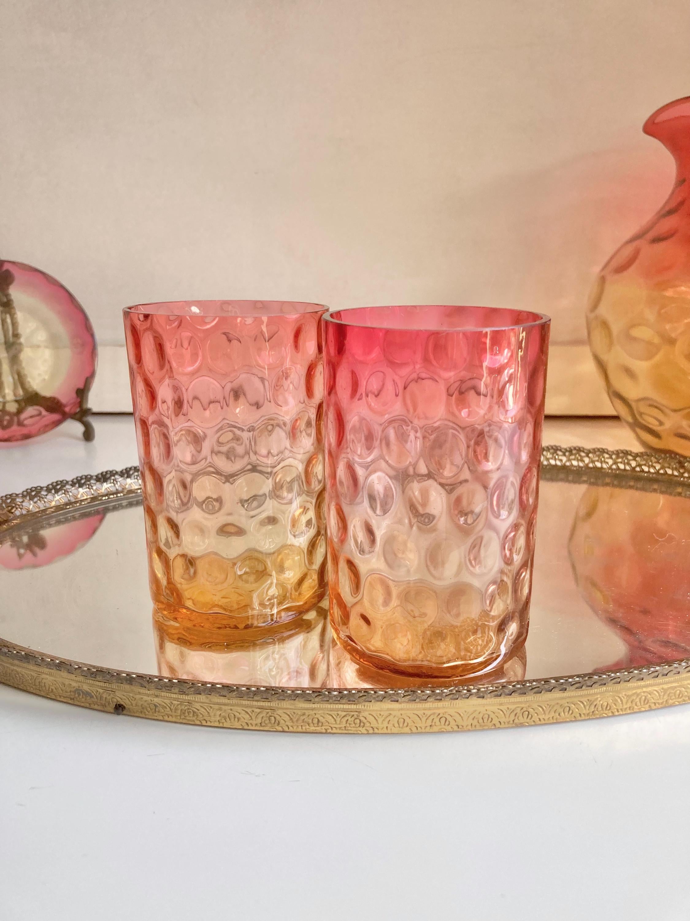 Antique Amberina Glass Pitcher Set: Victorian Reverse Thumbprint Hobbs Brockunier