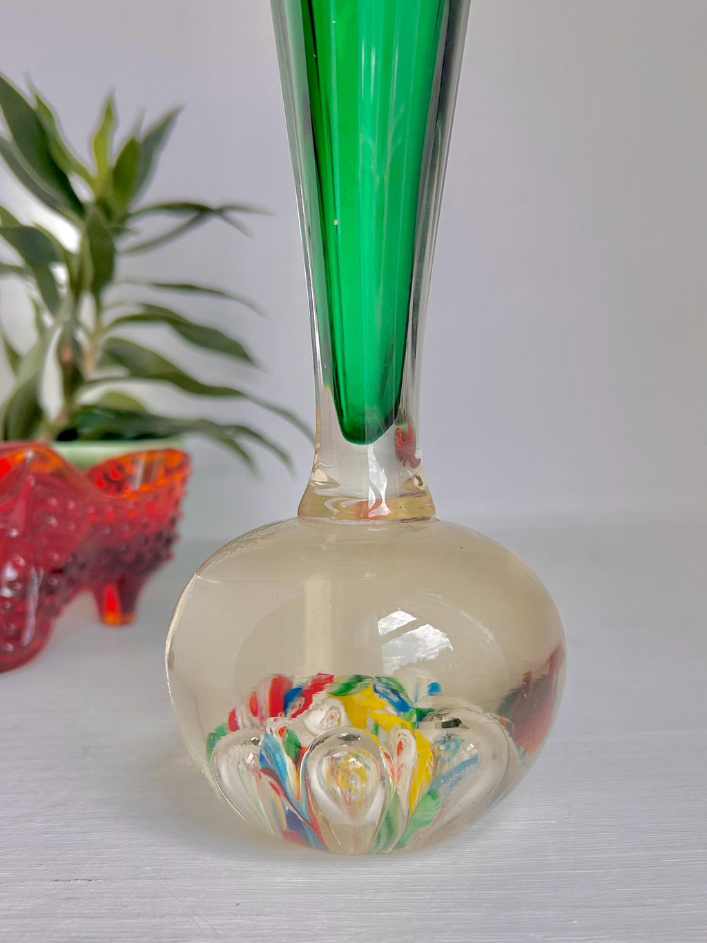 Vintage Kreis Art Glass Vase: Millefiori & Emerald Green Fluted Rim