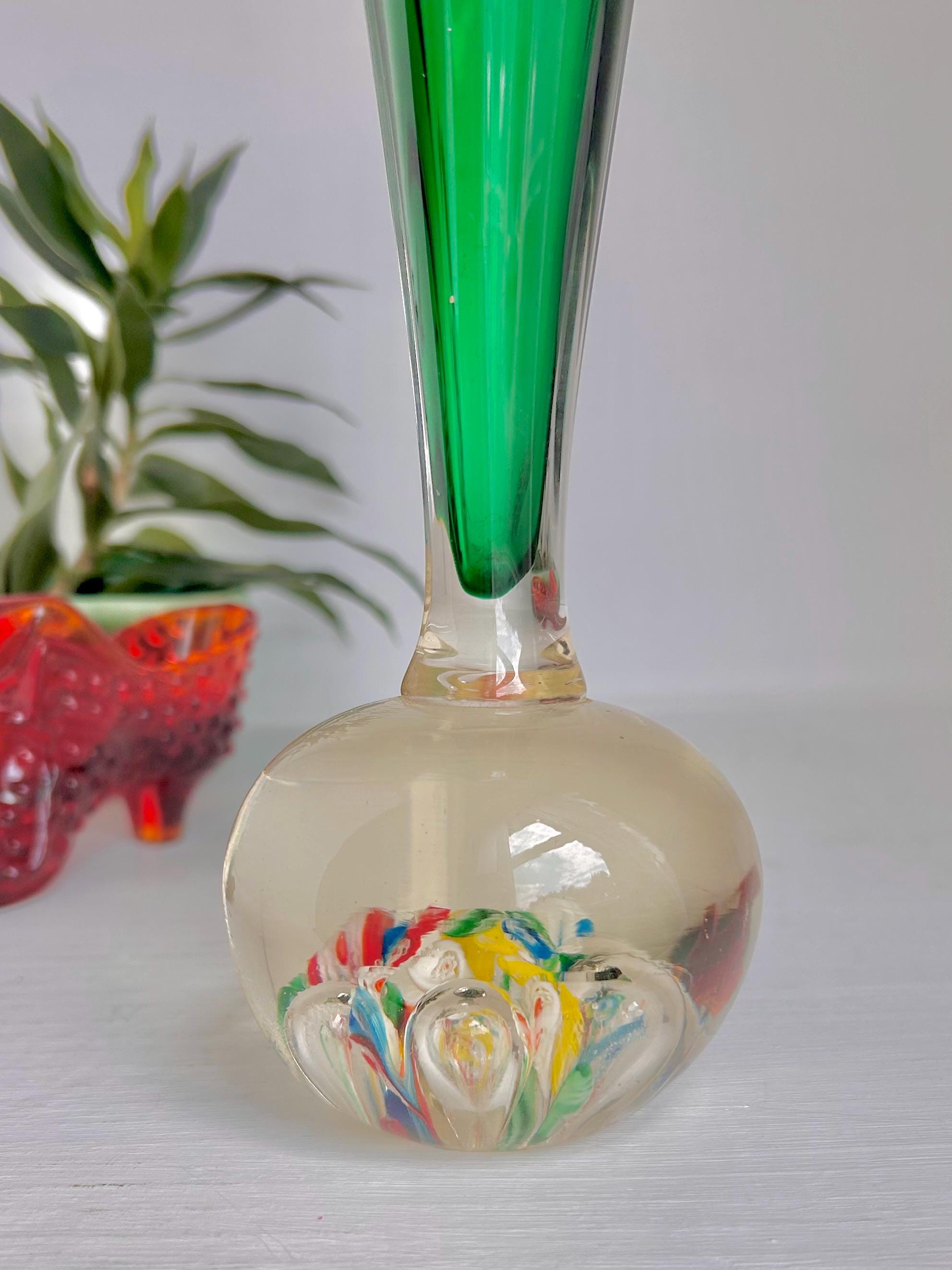 Vintage Kreis Art Glass Vase: Millefiori & Emerald Green Fluted Rim