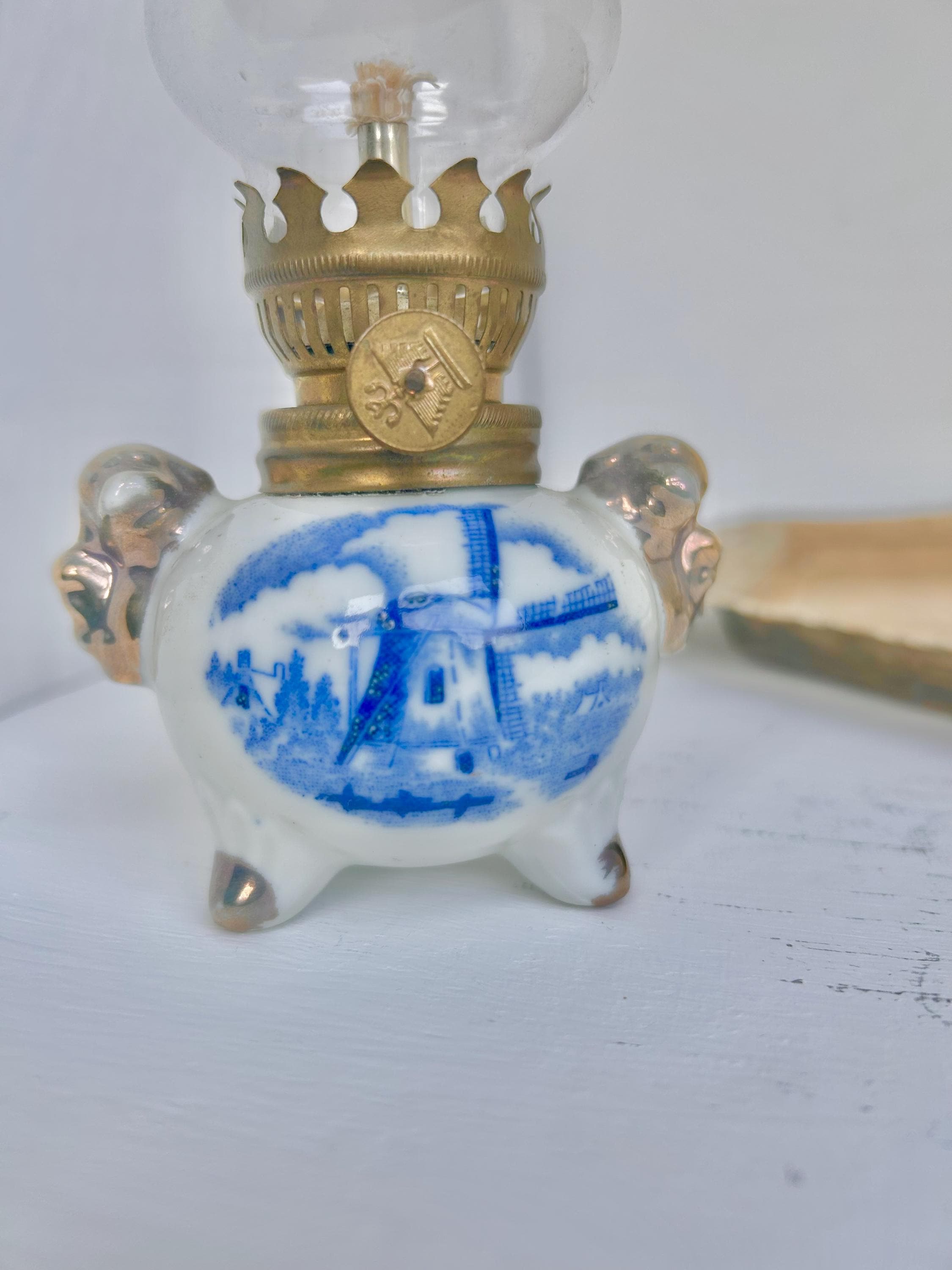 Vintage Dutch Windmill Porcelain Oil Lamp: Blue & White China, Gilt Trim