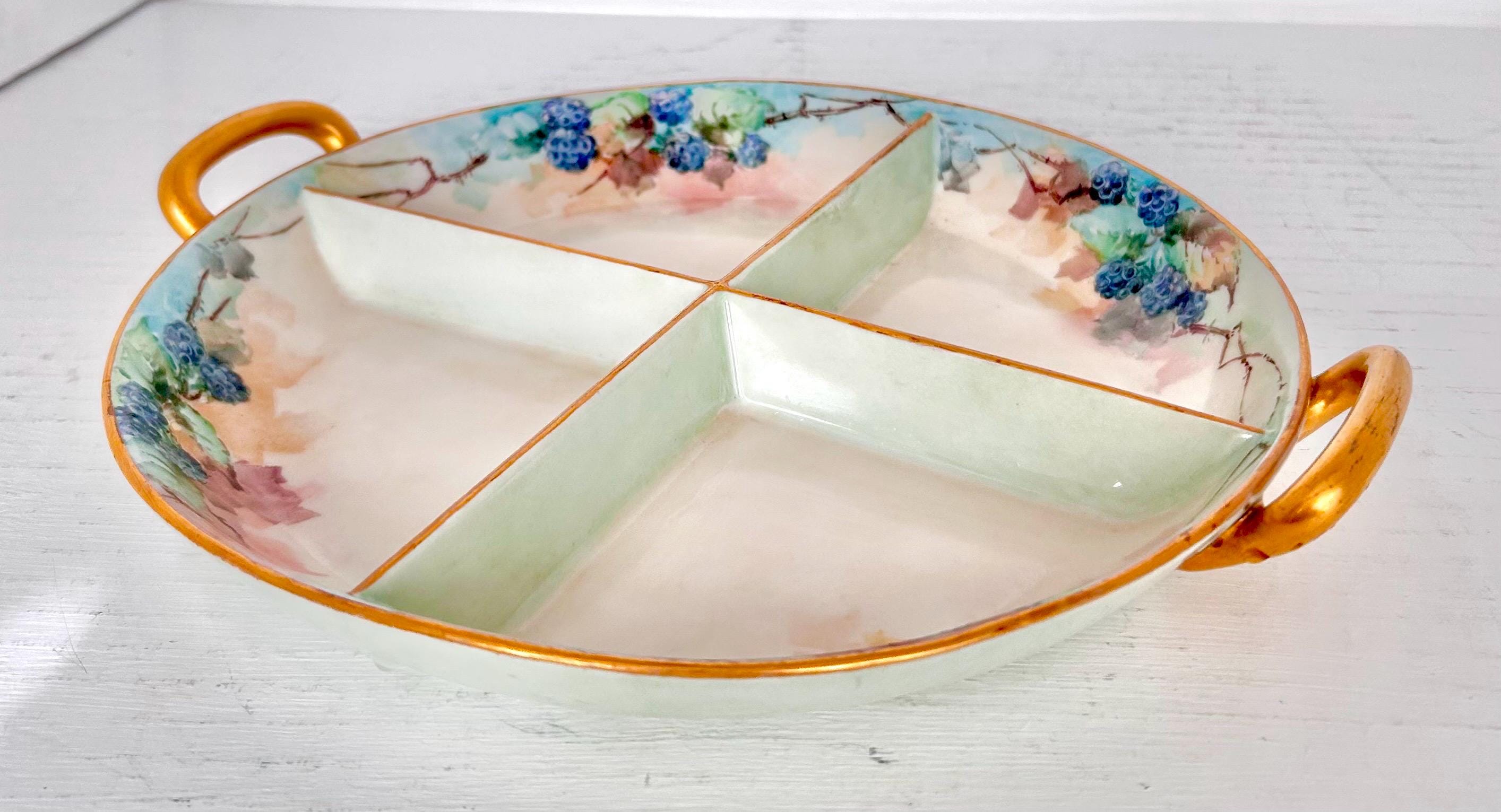 Vintage Noritake Divided Porcelain Dish Hand-painted With Berries