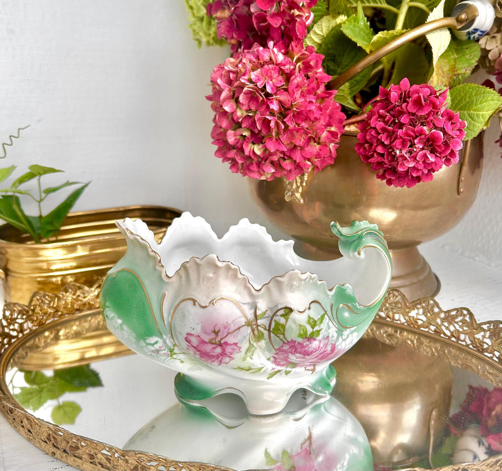 Art Nouveau Porcelain Gravy Boat: New Habsburg Austria, Teal Roses, Gold Trim