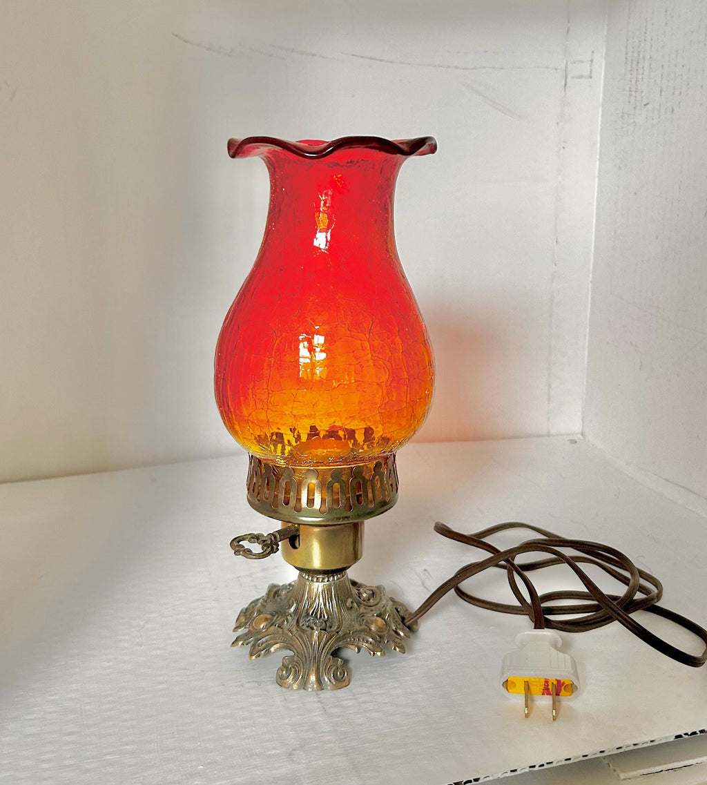 Vintage Amberina Crackle Glass Hurricane Lamp: Brass Base, Ruffled Shade