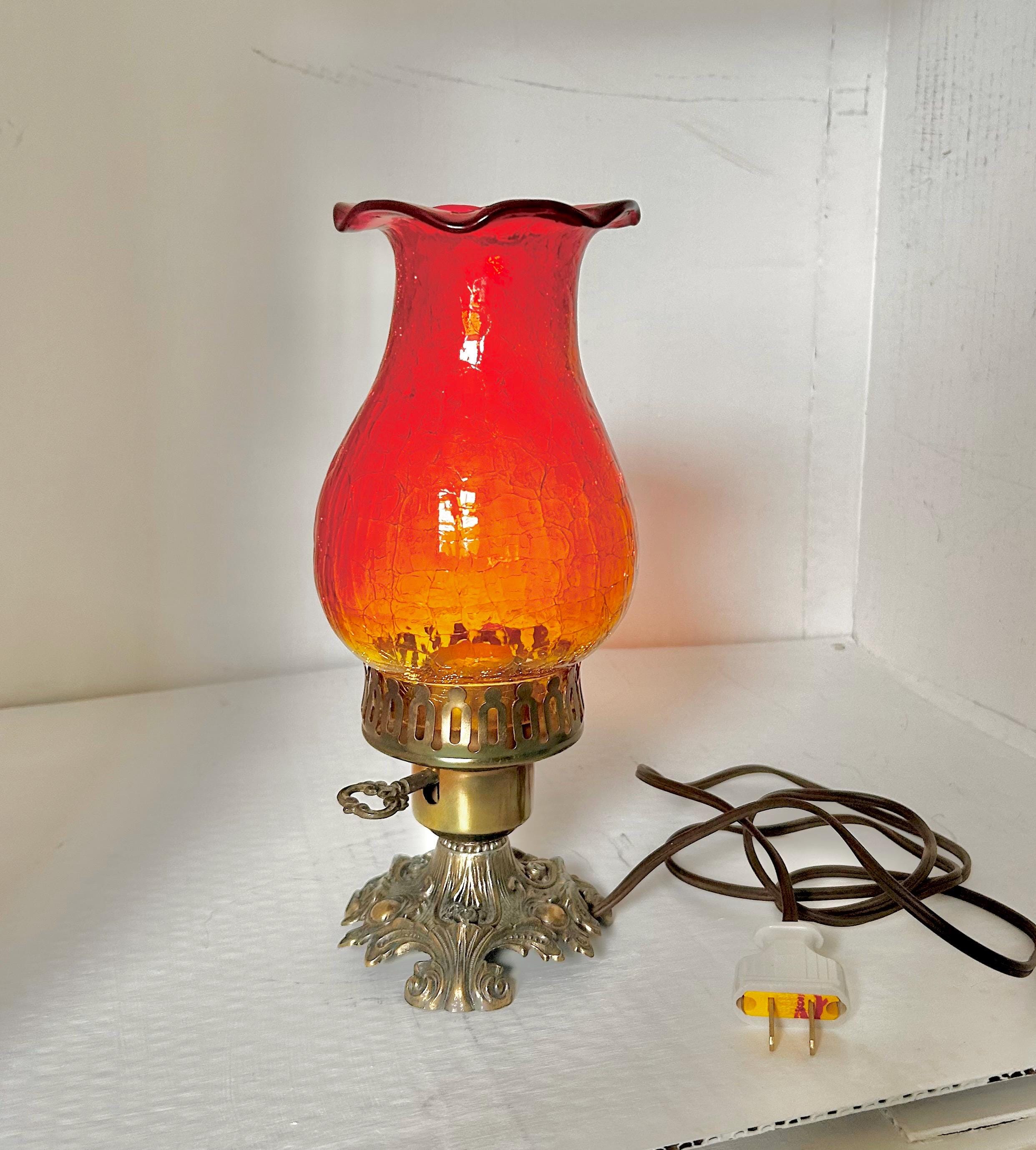 Vintage Amberina Crackle Glass Hurricane Lamp: Brass Base, Ruffled Shade