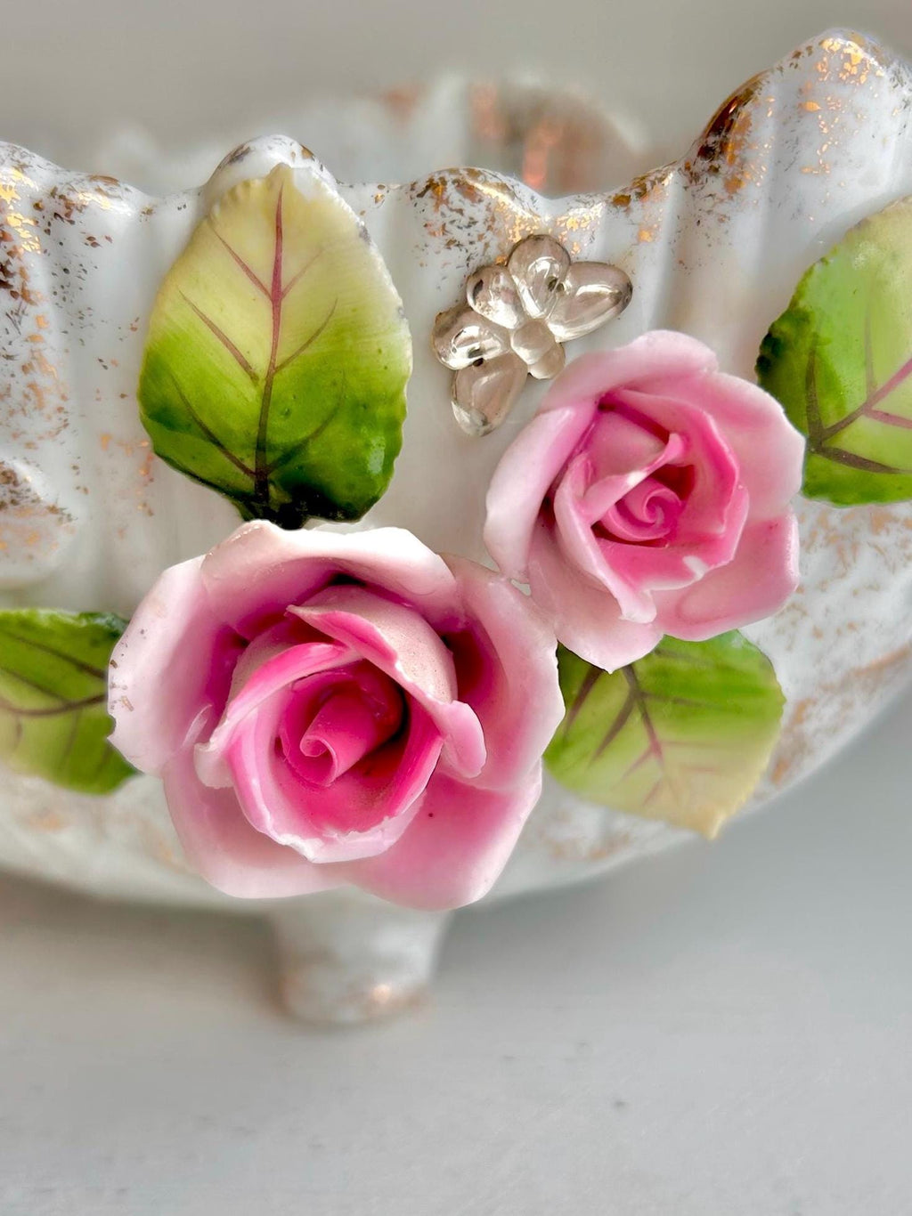 Vintage LEFTON Ceramic Footed Bowl: Pink Roses, Rhinestone Butterflies