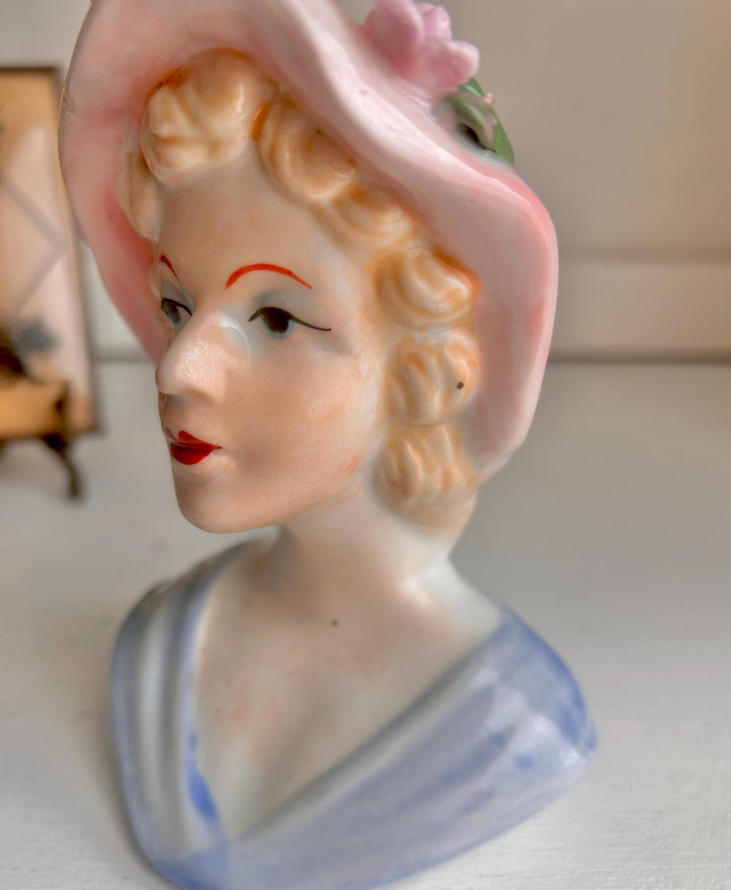 Vintage Lady Head Vase: Floral Pink Hat, Blonde Hair Ceramic Planter