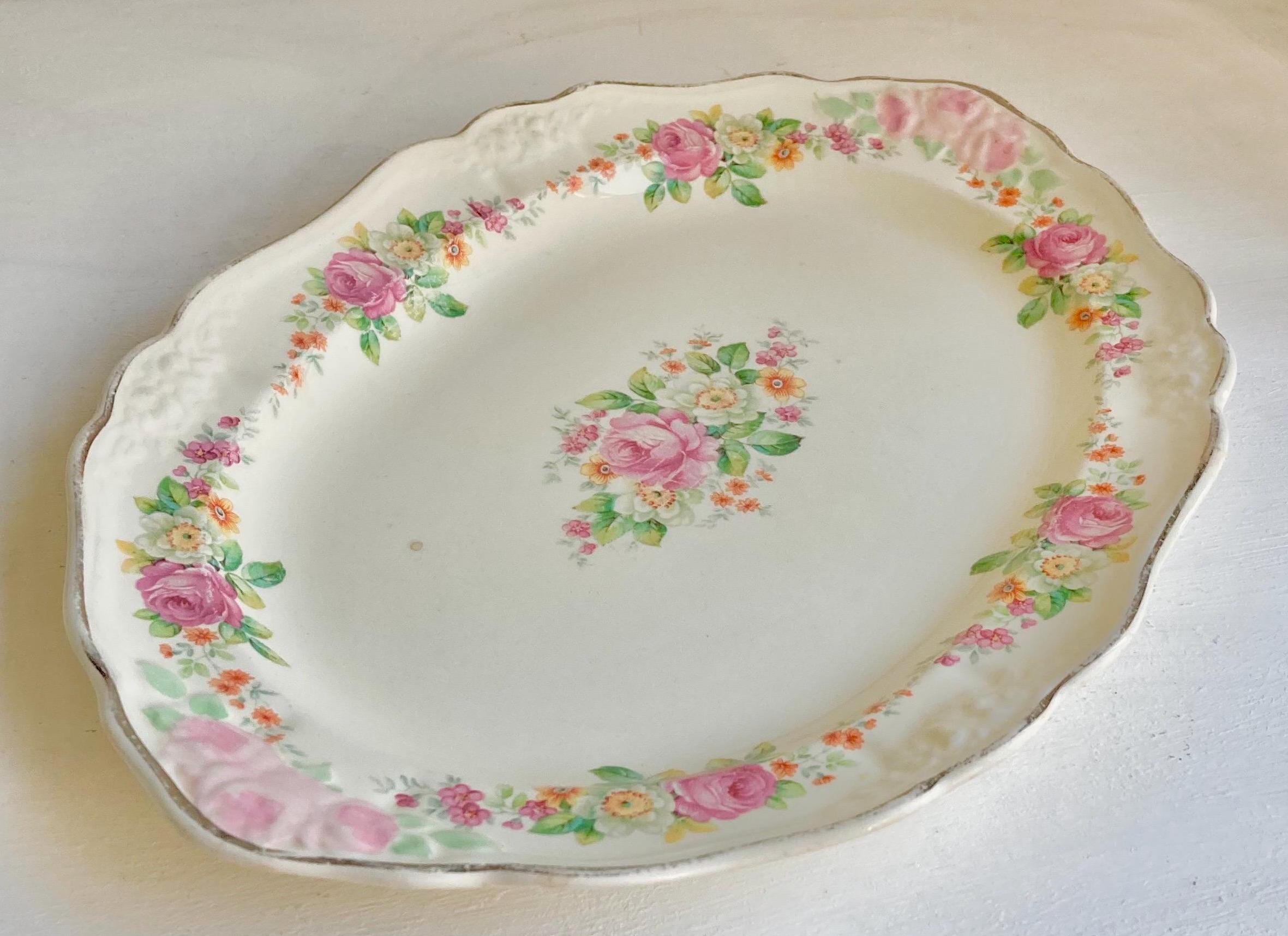 Vintage Taylor Smith & Taylor Floral Platter: Embossed Rose Bouquet, Silver Trim (11.5")