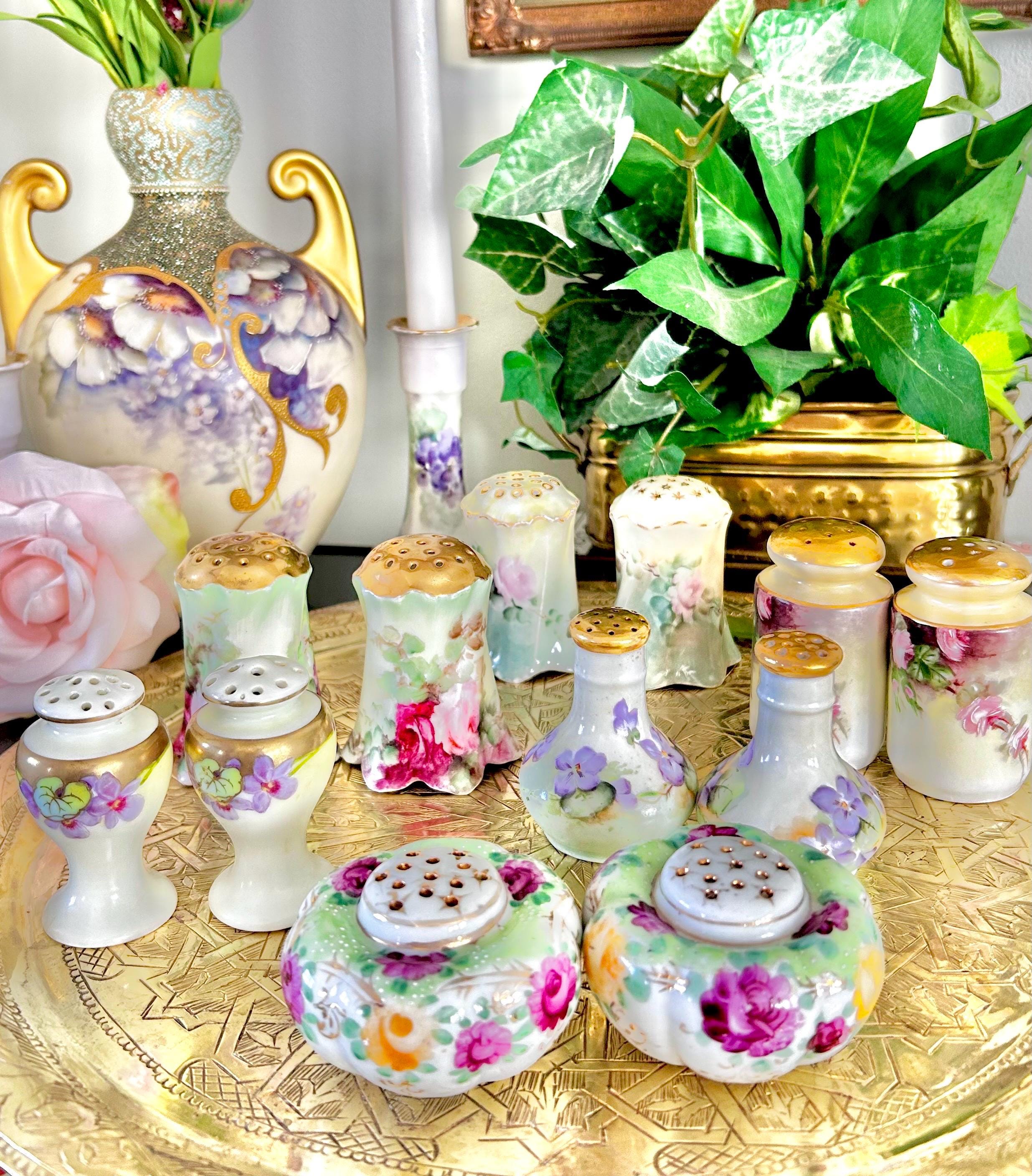 Antique Porcelain Hand-Painted Floral Salt Pepper Shakers - Choose from various pairs