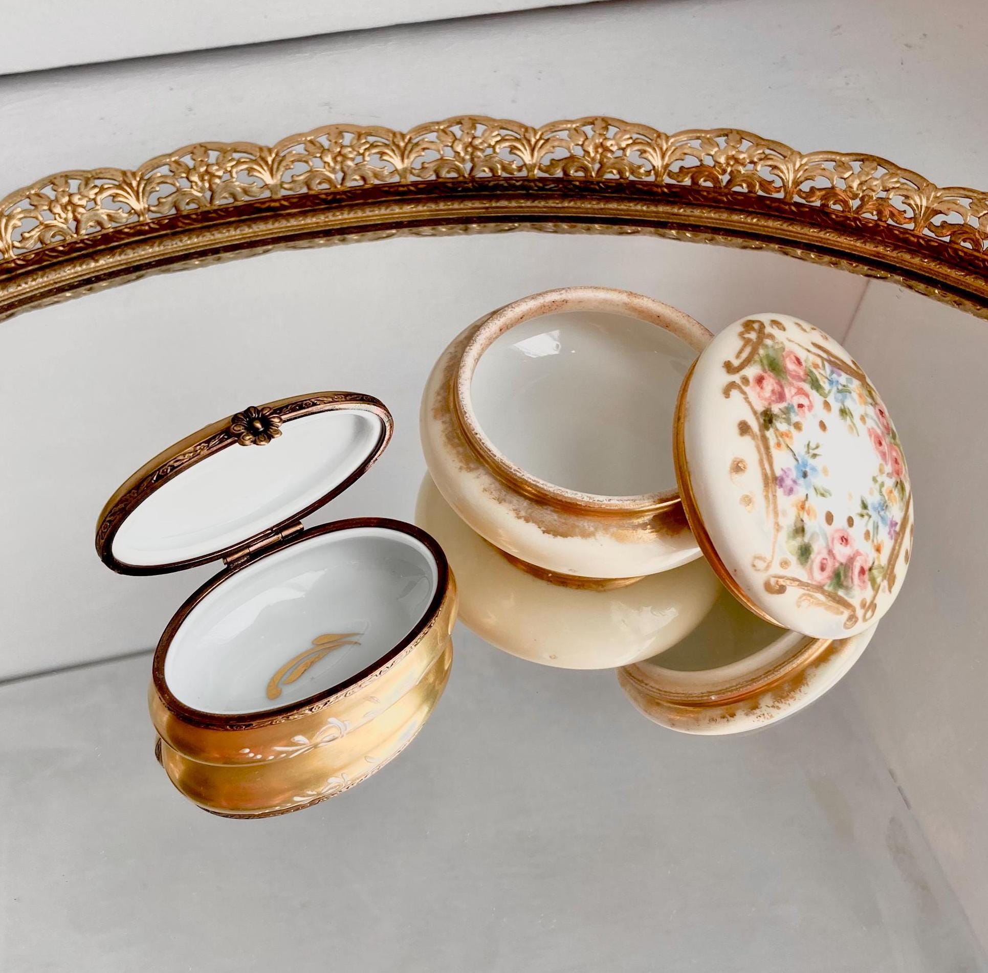 Vintage Limoges Porcelain Lidded Box: Hand-Painted Floral Gilt Jewelry Box