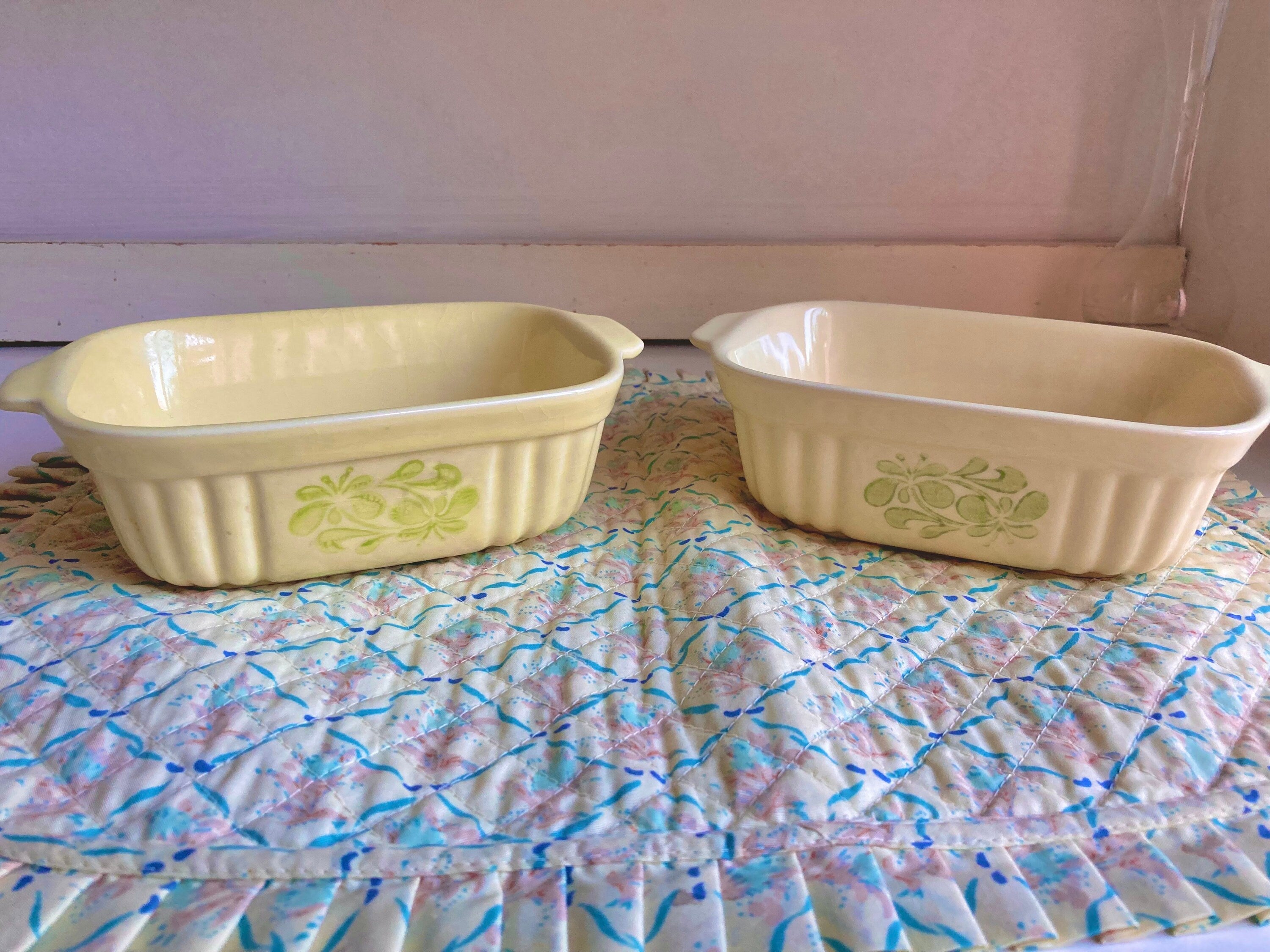 Vintage Pfaltzgraff Loaf Casserole Dishes: Pale Lemon Floral Stoneware, Set of 2