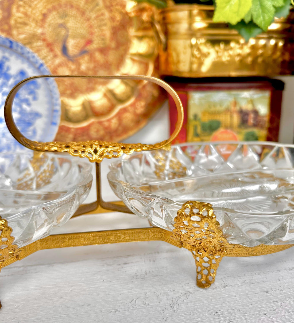 Vintage Gilt Metal & Glass Serving Caddy: Ormolu Double Dish with Handle