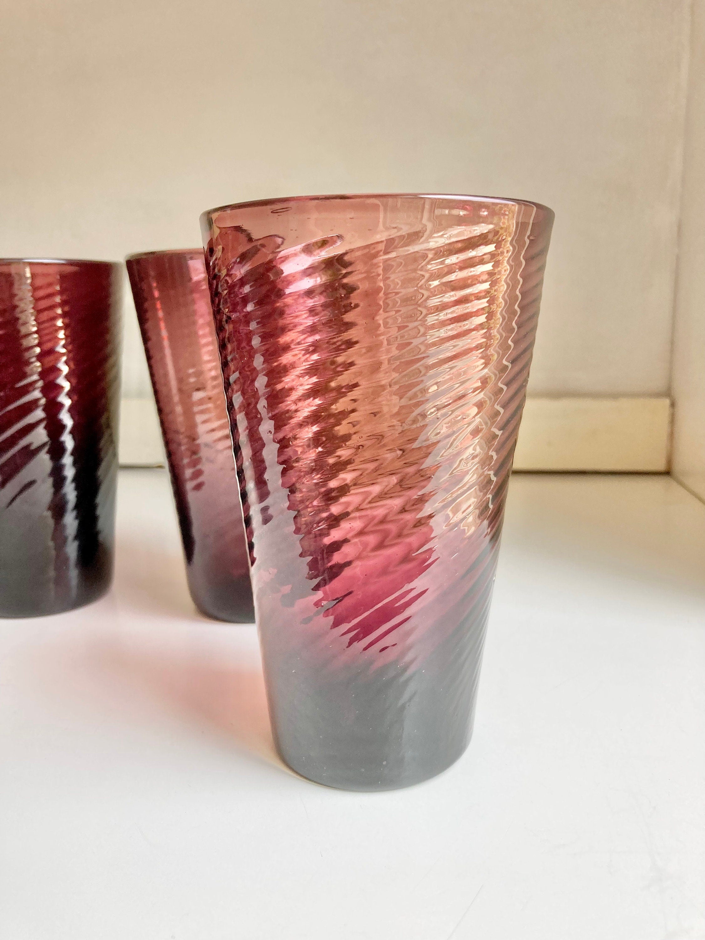 Vintage Hand Blown Amethyst Swirl Glass Tumblers - Set of 4