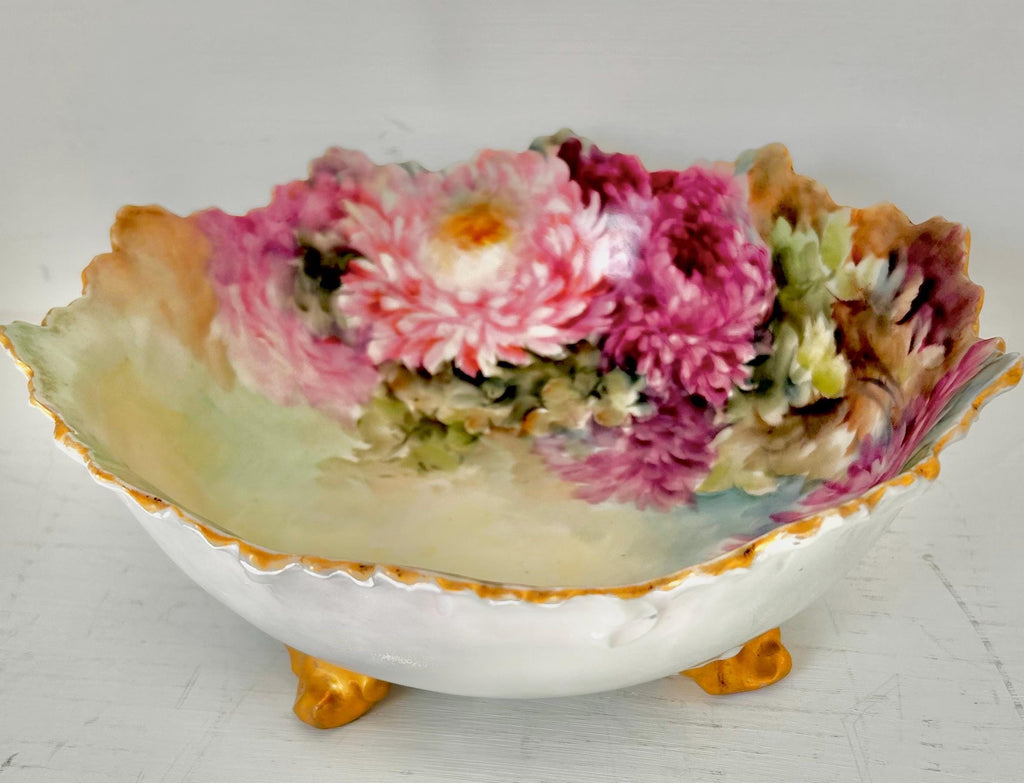 Vintage Porcelain Bowl Handpainted with Chrysanthemums, Limoges France