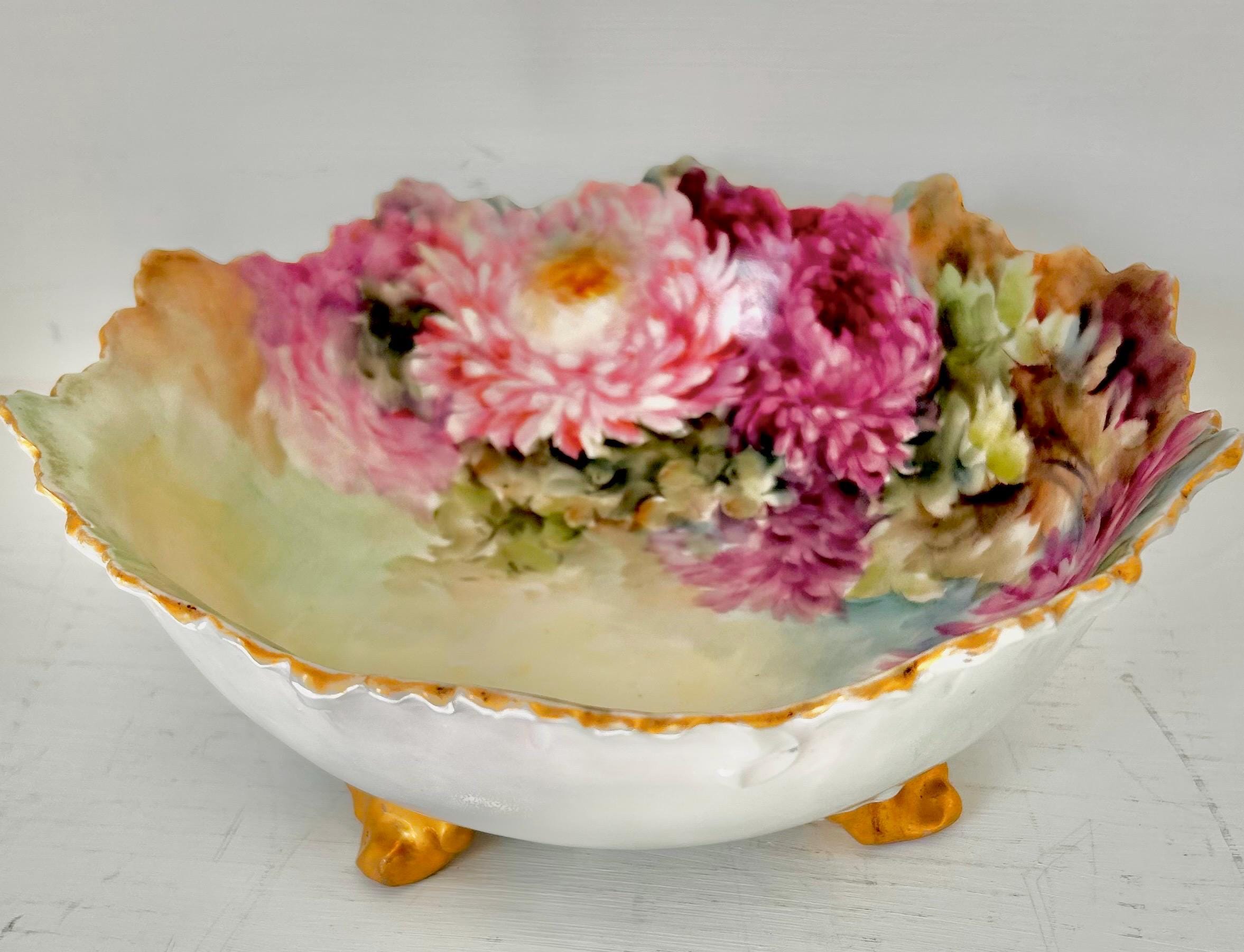 Vintage Porcelain Bowl Handpainted with Chrysanthemums, Limoges France