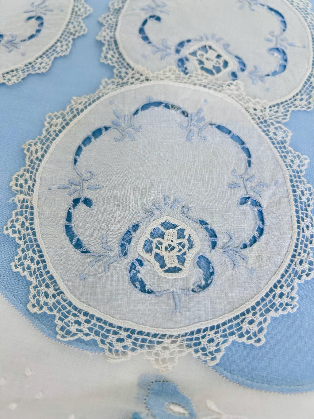 Vintage Linen Coasters Set: Perforated Floral Lace, Pale Blue Detail